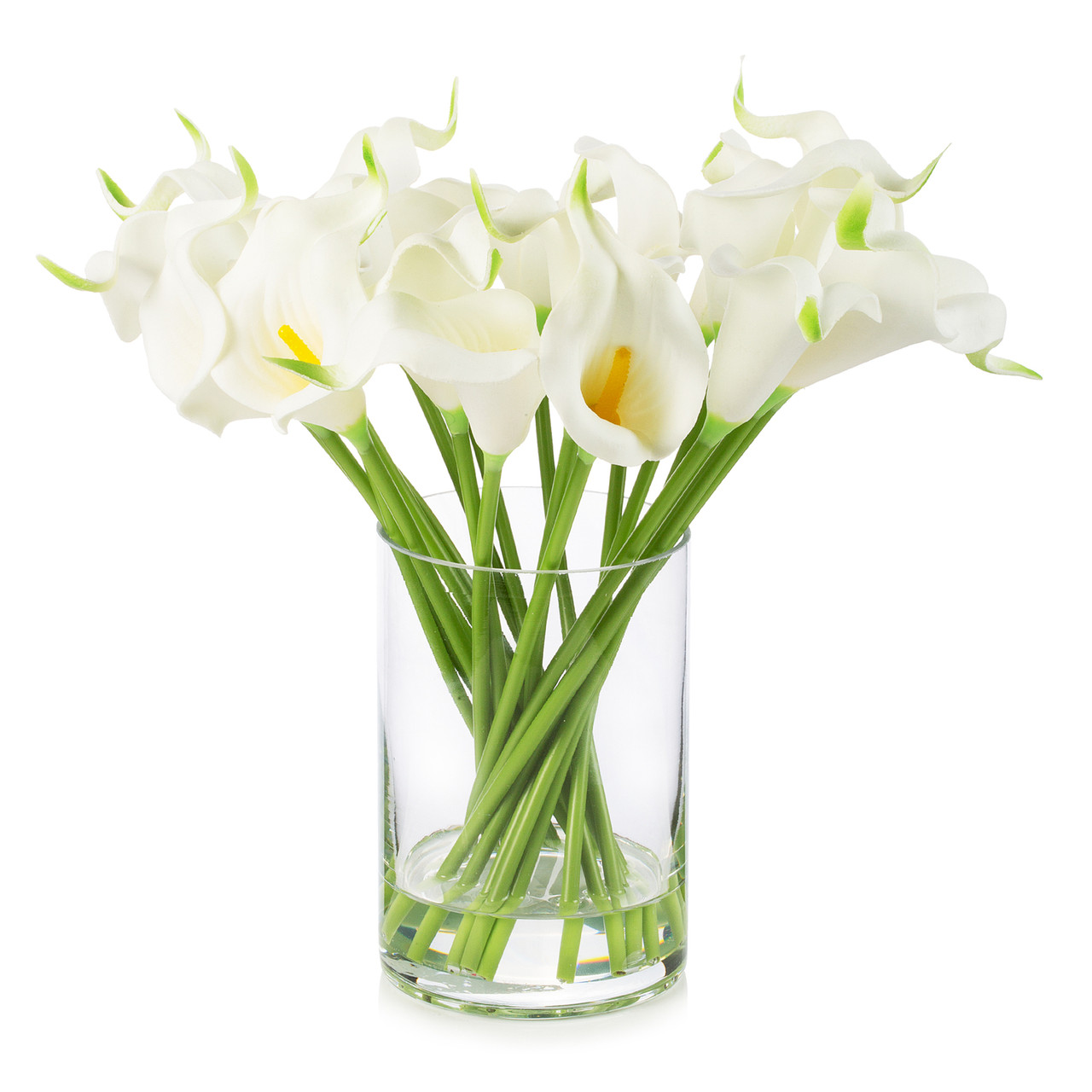 Enova Floral 20 Real Touch Calla Lilies with Clear Glass Vase — High-Quality Artificial Flowers with Faux Water, ~12" Tabletop Décor