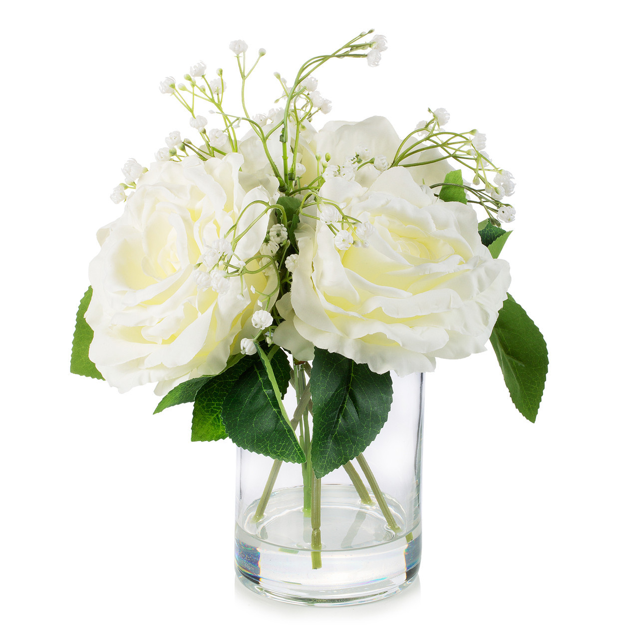 Enova Floral 4 Large Silk Realistic Roses in Clear Glass Vase Decorative Arrangement | High-Quality Silk Flowers | Faux Water Design | ~12-inch Tabletop Decoration | Ideal for Home, Weddings, Parties