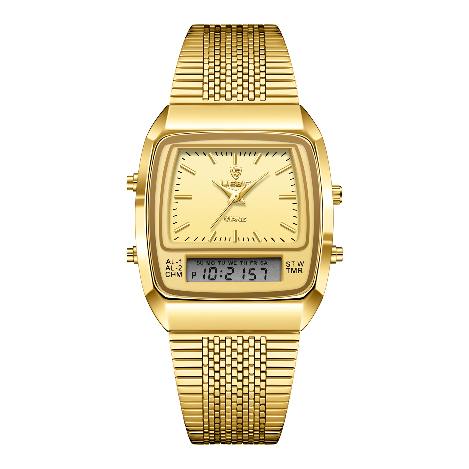 SKMEI L103002 Men's Gold Stainless Steel Vintage Dual-Display Watch — Analog + Digital Quartz, 30M Water Resistant, Business Casual