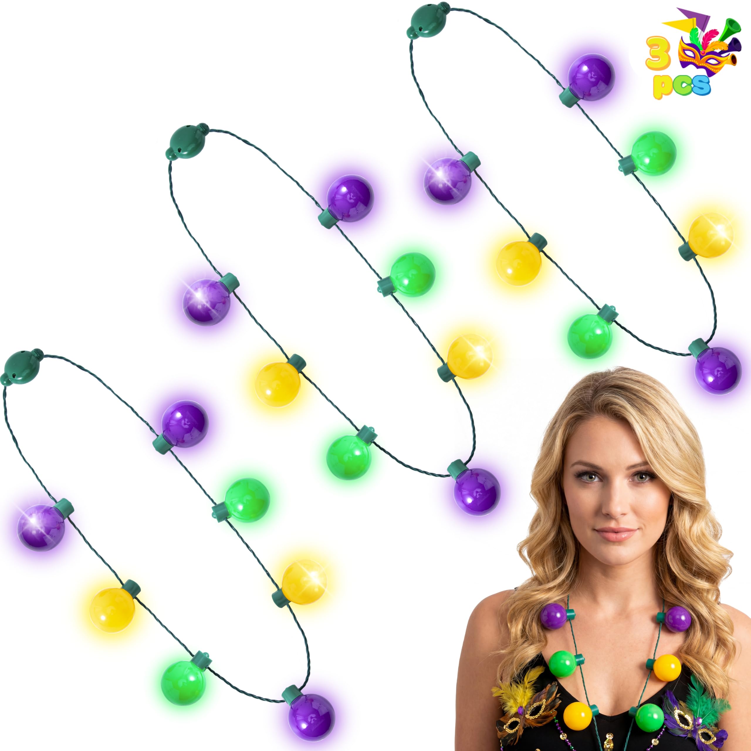JOYIN 3-Pack Mardi Gras LED Bulb Necklaces (Purple/Green/Gold) with 6 Flash Modes