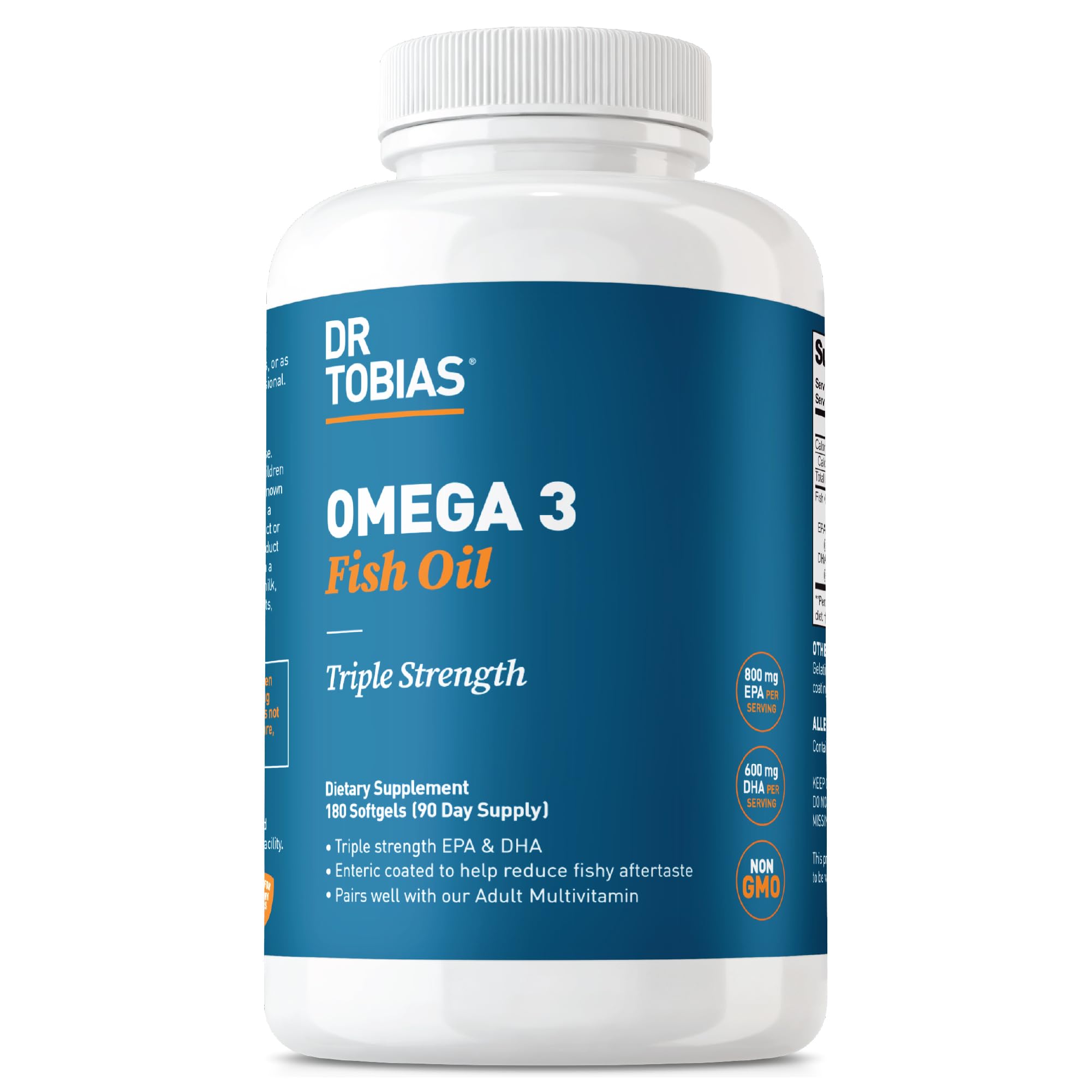 Dr. Tobias Omega 3 Fish Oil 2000 mg Triple Strength – 800 mg EPA / 600 mg DHA per Serving, 180 Softgels (90 Servings)