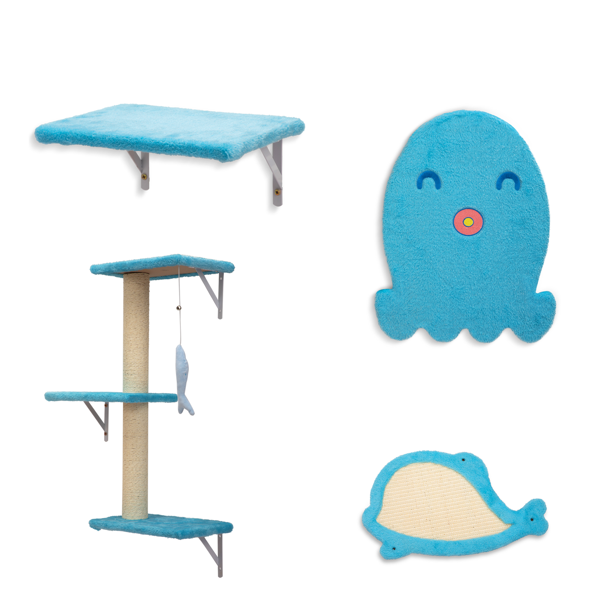 Ocean-Themed Wall-Mounted Cat Climbing Set (4-Piece) | Platforms and Scratching Posts