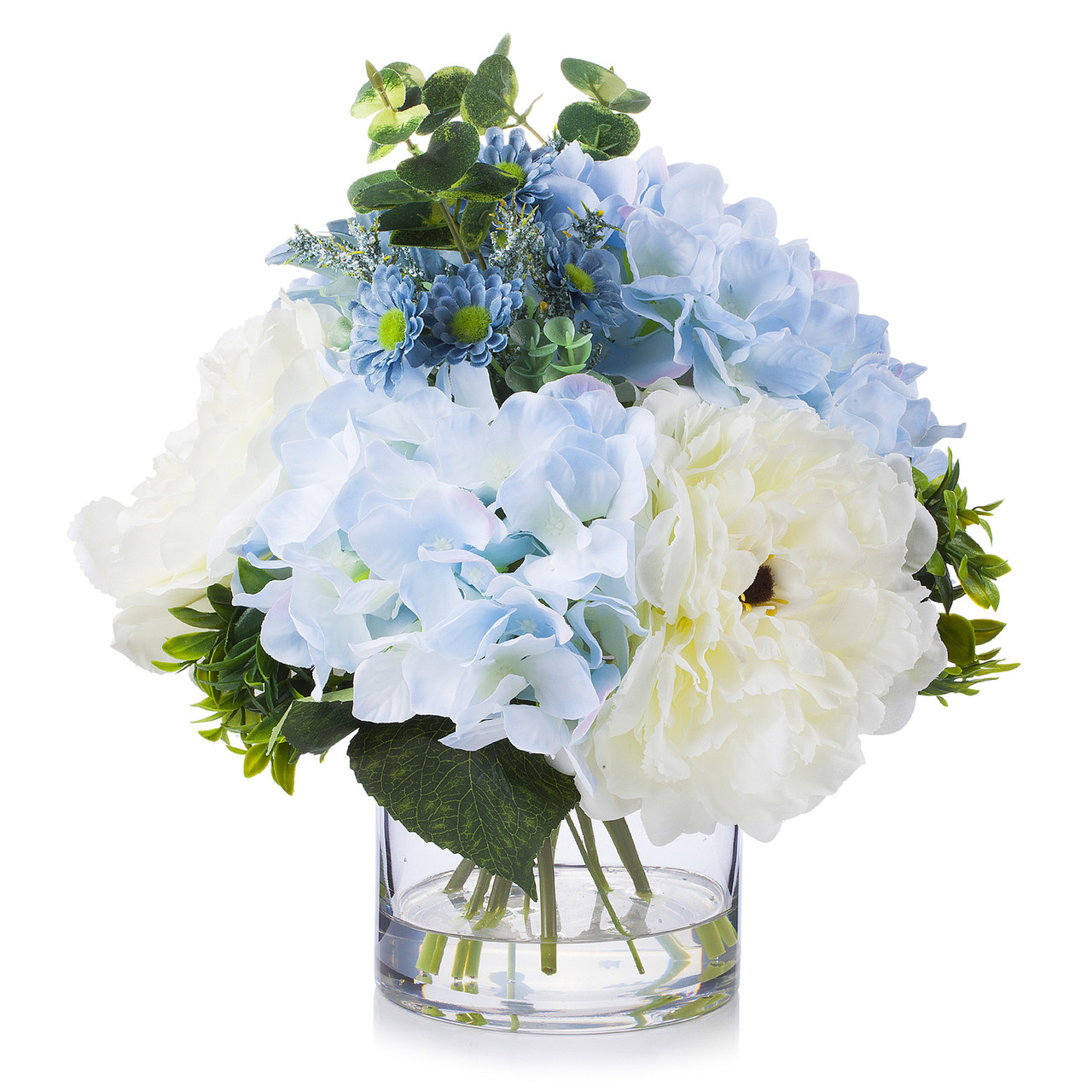 Enova Floral Cream-Blue Mixed Silk Peony & Hydrangea in Clear Glass Vase with Faux Water | High-Quality Silk Flowers | Approx. 12-inch Tabletop Decor
