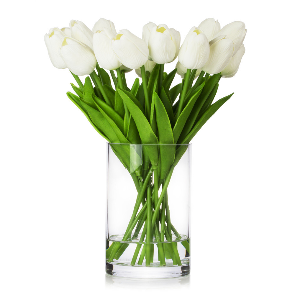 Enova Floral 20pcs Real Touch Artificial Tulips with Clear Glass Vase | High-Quality Real Touch Material | Realistic Water Effect | ~12in Table Decoration | Ideal for Home, Wedding & Party