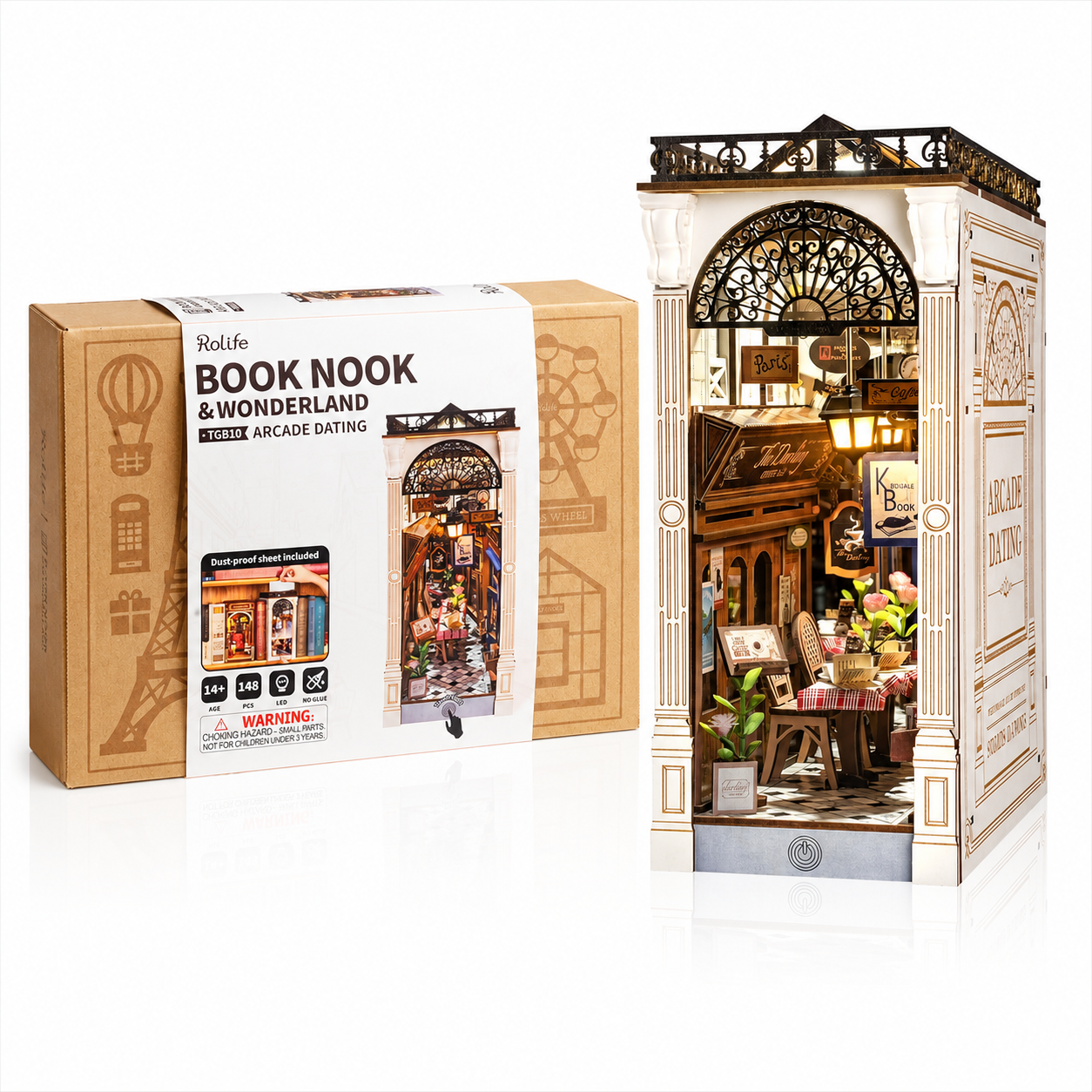 Rolife Arcade Dating TGB10 Vintage Romantic Street Book Nook Miniature Assembly Kit — DIY Book Nook 3D Wooden Puzzle, 148 Pieces with LED Light and Dust Cover, Gift for Book Lovers & Miniature Enthusiasts