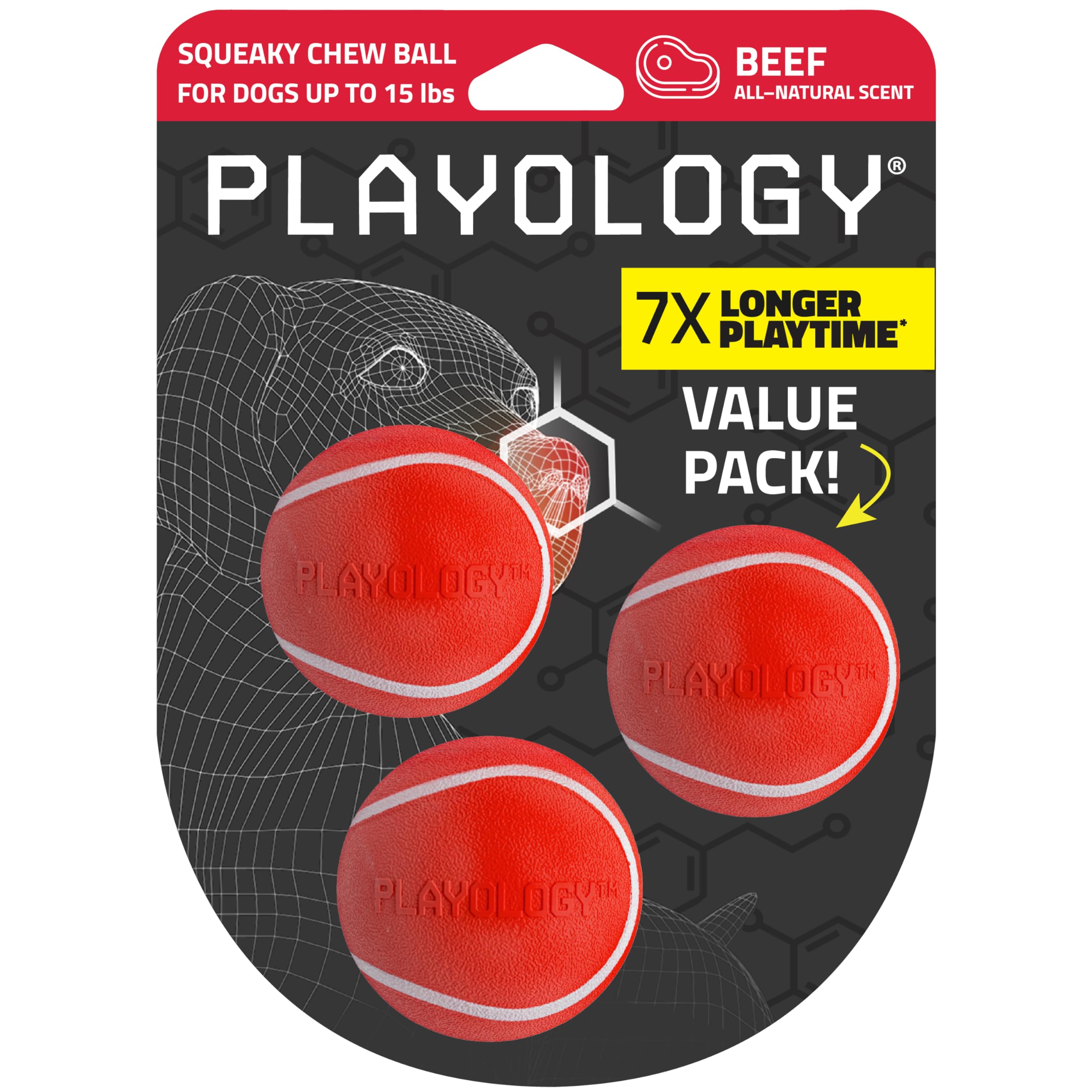 Playology Dog Toys | Squeaky Chew Ball for Dogs, Value 3-Pack | Beef Scented Small Dog Balls | Bouncy Floating Chew Toys for Fetch