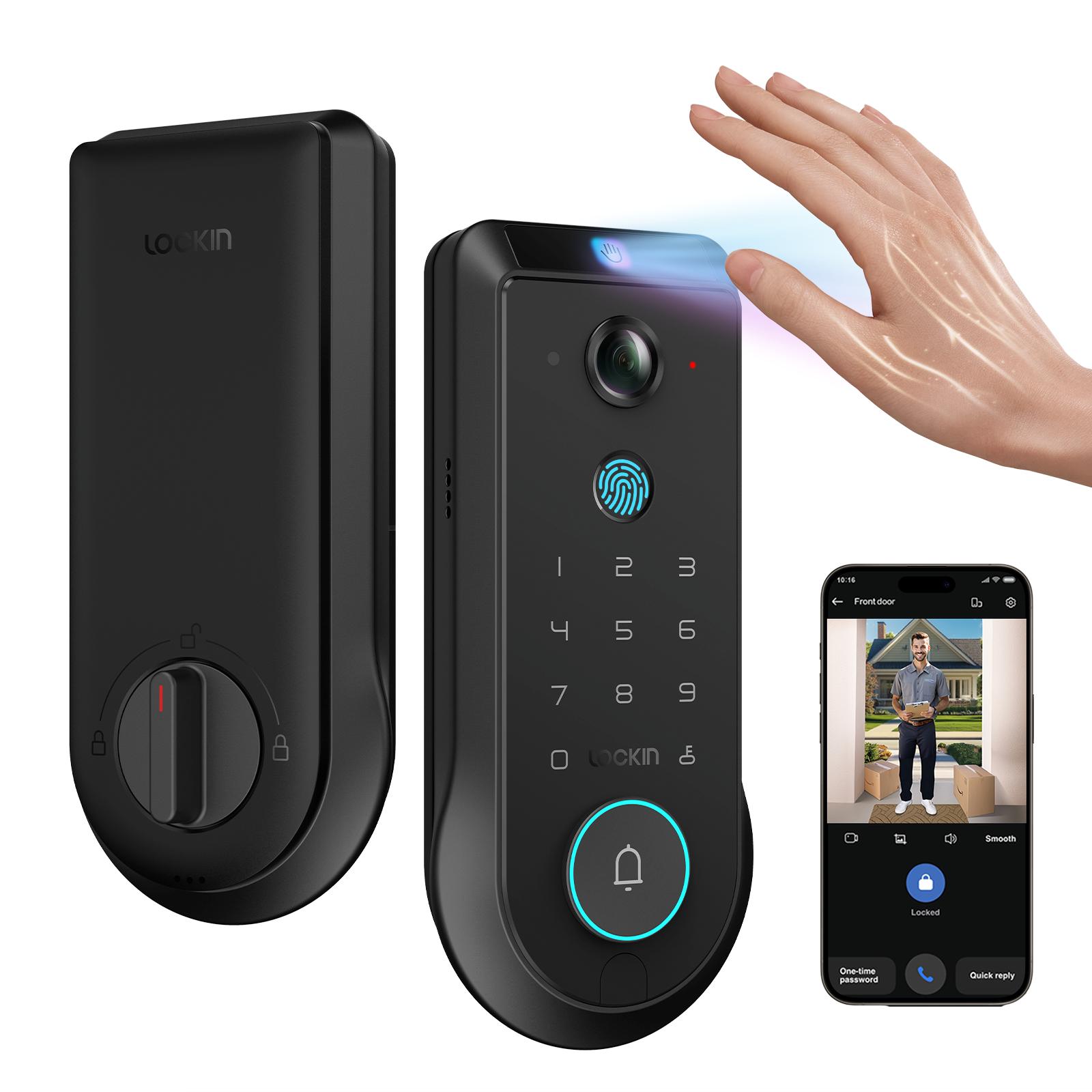Lockin Veno Pro Smart Palm Vein & Fingerprint Deadbolt — Keyless Entry, Palm Vein + Fingerprint Recognition, 2K 180° Panoramic Camera, Built‑in Rechargeable Battery