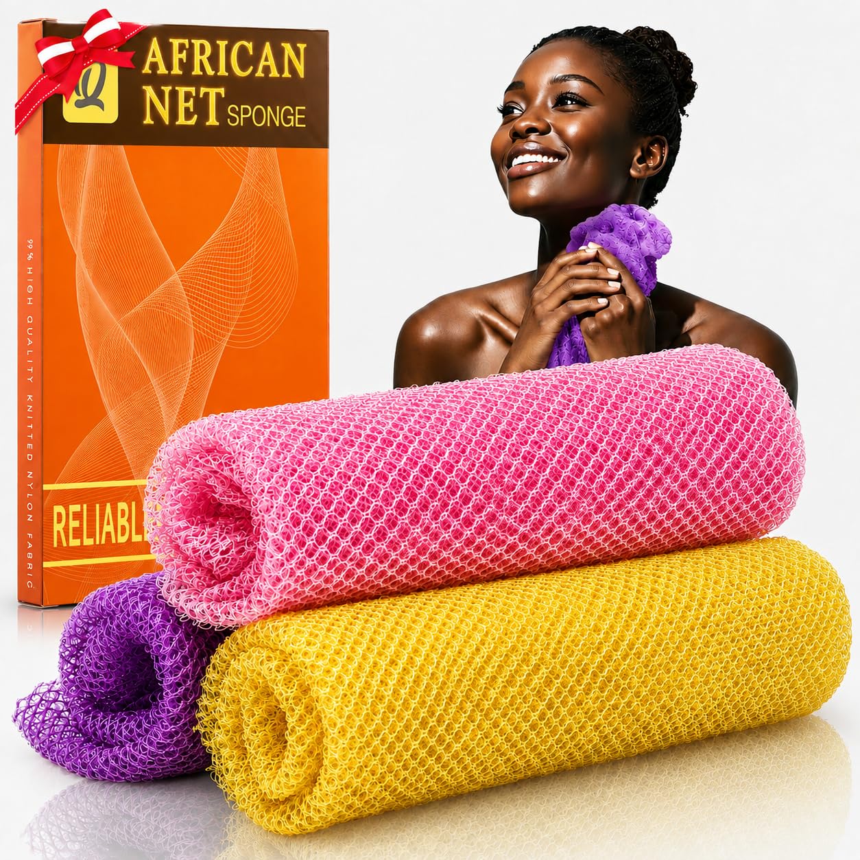 3-Pack Long African Net Bath Scrub Towels (Pink / Yellow / Purple)