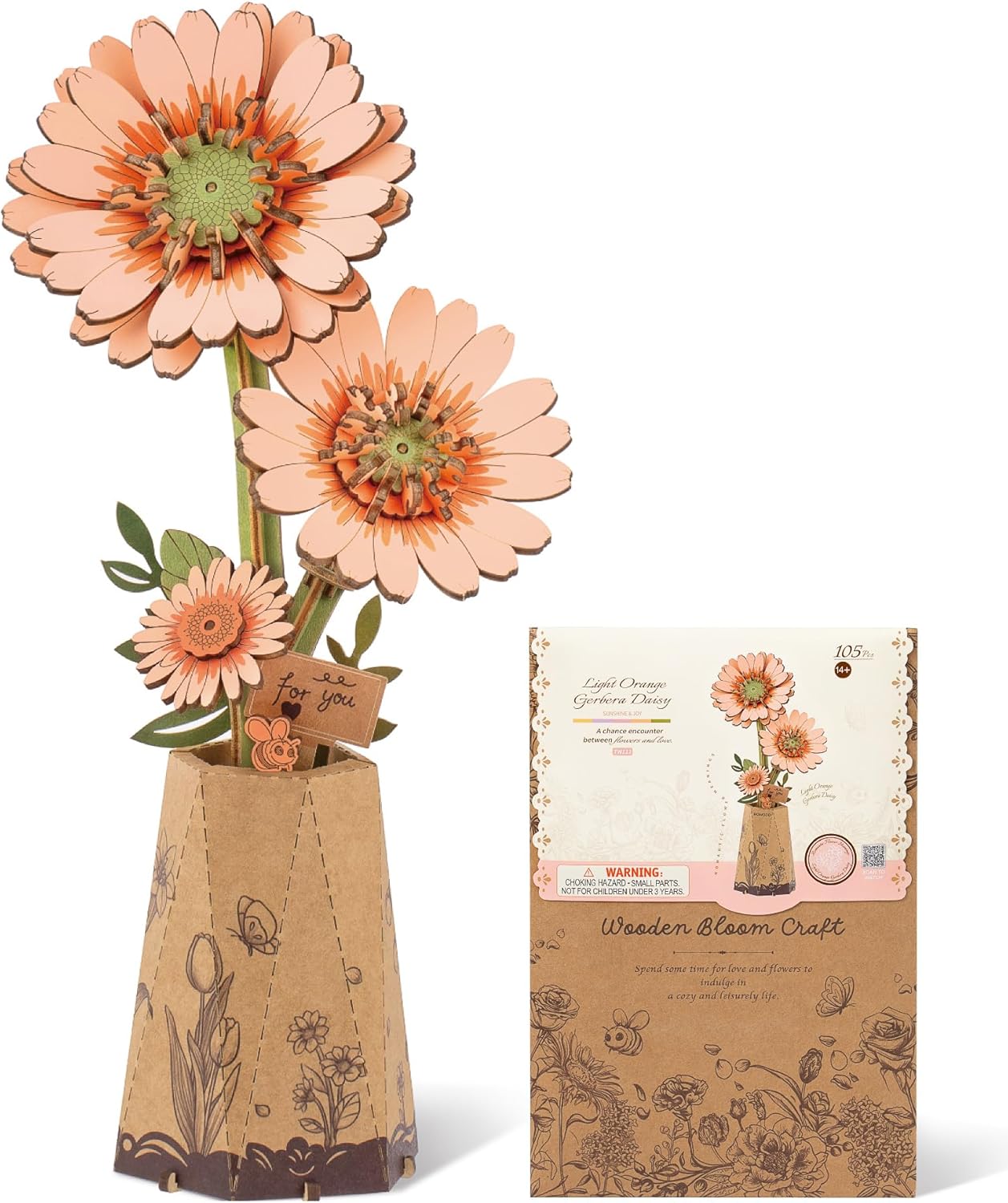 ROBOTIME Rowood Light Orange Gerbera Daisy TW111 — Light Orange Wooden Gerbera DIY 3D Flower Puzzle, Long-lasting No-care Desktop Décor, Ideal Gift for Flower & DIY Lovers