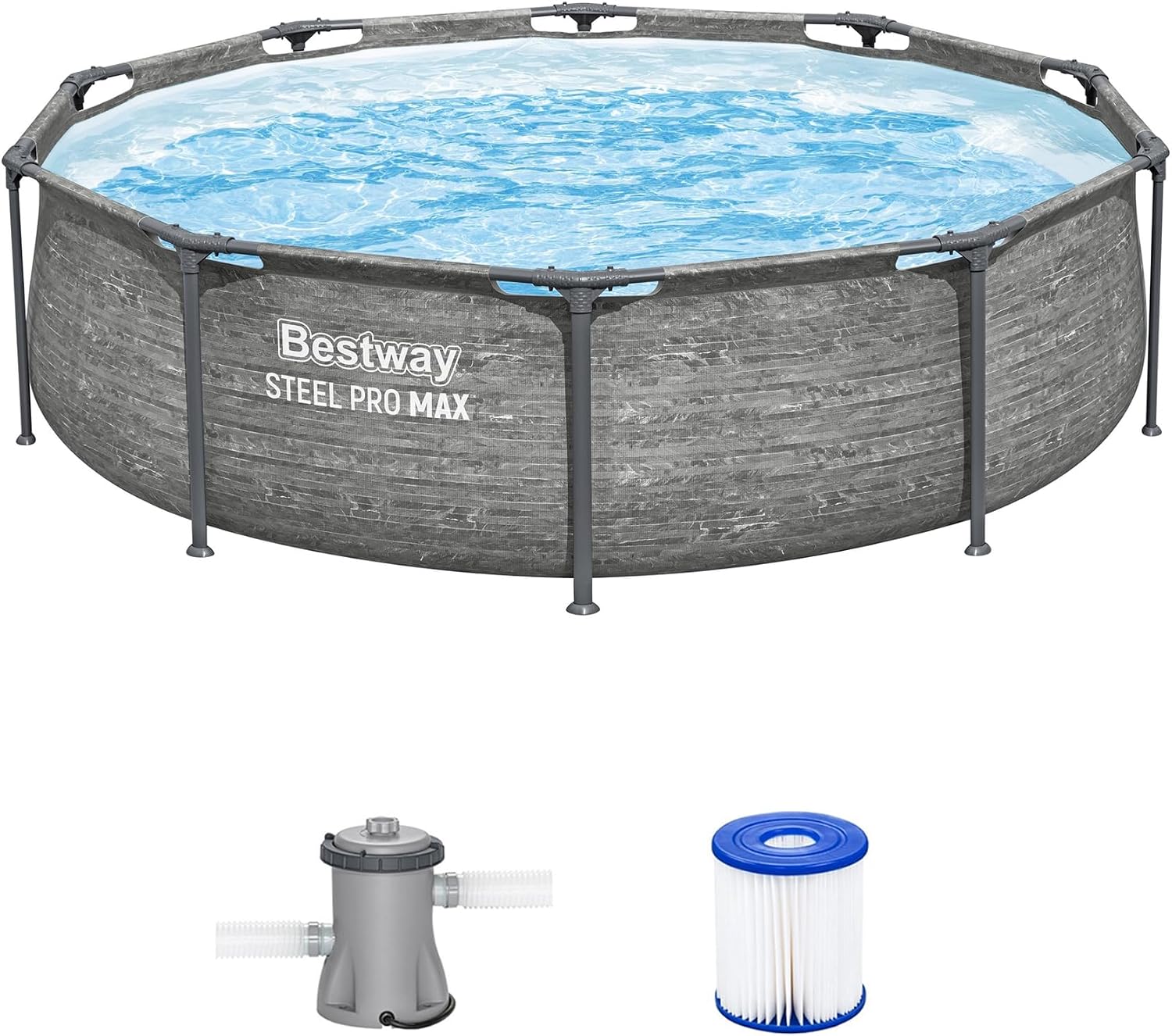 Bestway Steel Pro MAX 10' x 30" Above Ground Round Pool with Metal Frame, Filter Pump & Type I Cartridge, Stacked Stone Print