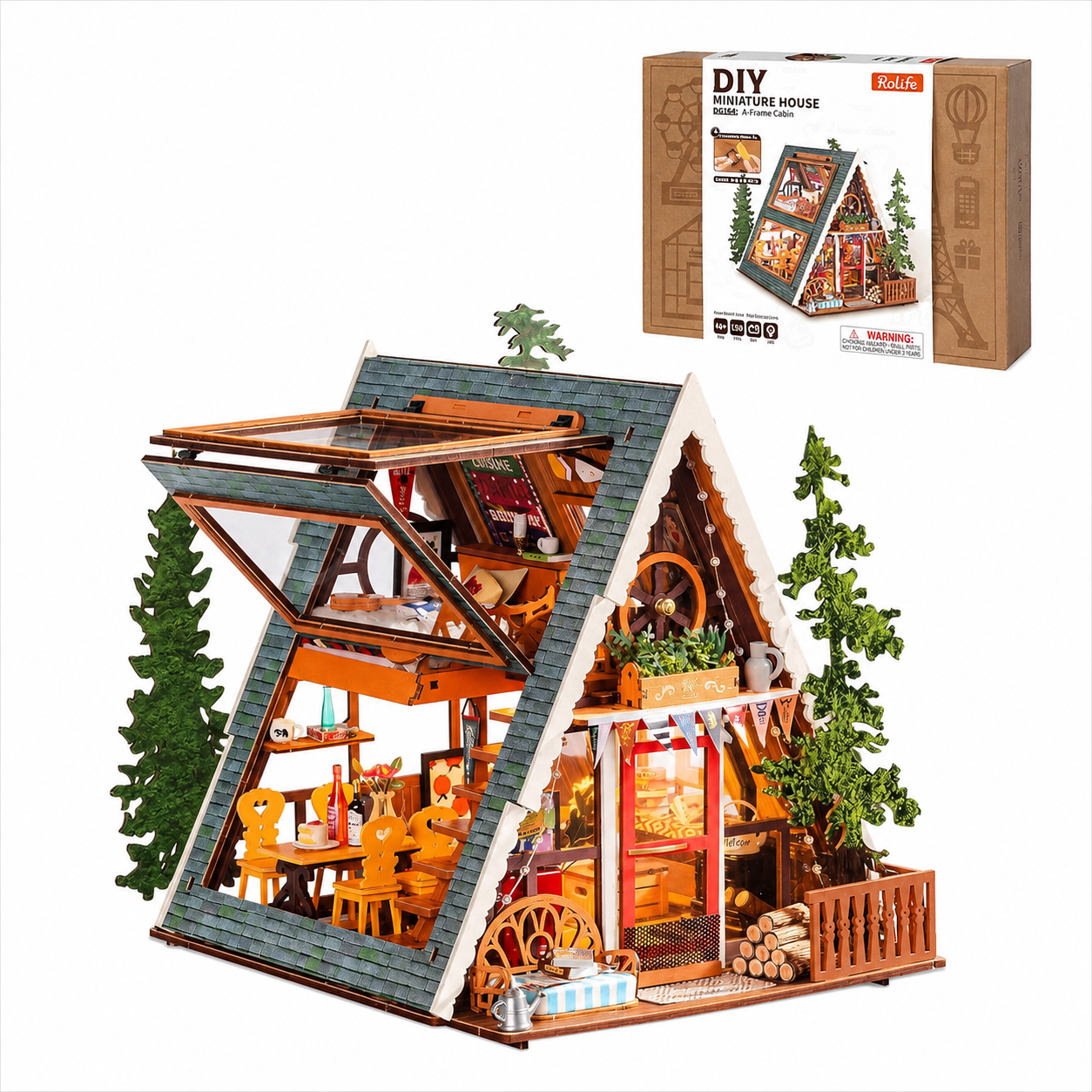 Rolife A-Frame Cabin DG181 A-Frame Wooden Miniature DIY Kit, 3D Wooden Puzzle 336 Pieces with LED Warm Light — Cozy Camping Desktop Decor, Gift for Nature Lovers & Miniature Enthusiasts