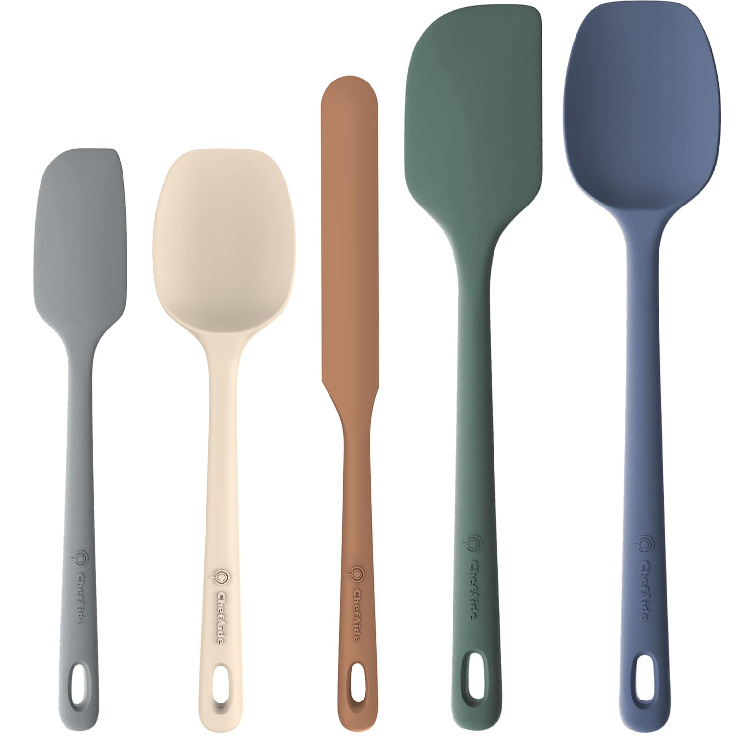 ChefAide 5-Piece 100% Food-Grade Silicone Spatula Set with Ergonomic Handles, Heat Resistant to 600°F — Safe for Nonstick Cookware