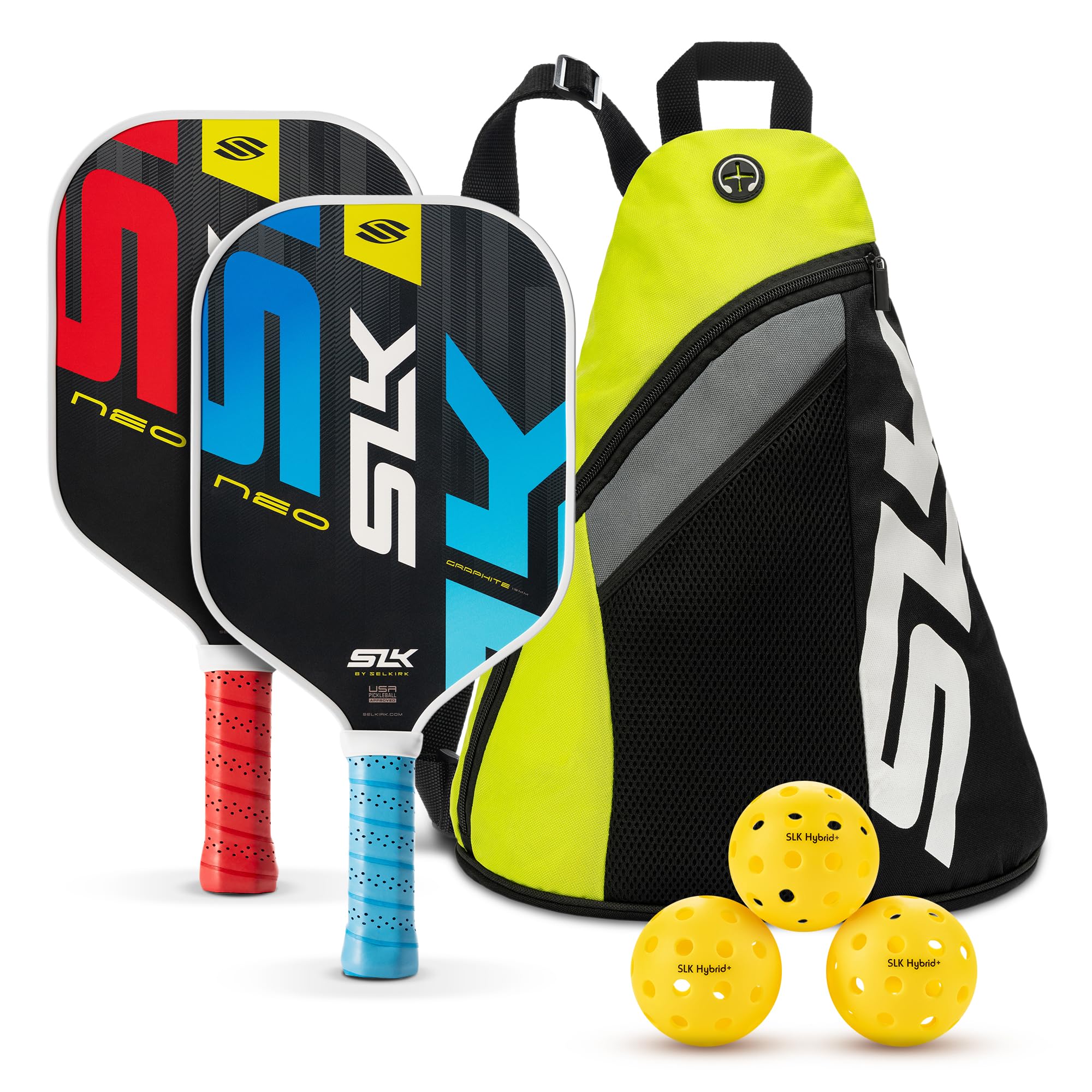 Selkirk Sport SLK Neo Two-Paddle Pickleball Set (Includes Balls & Crossbody Carry Bag) — Graphite or Fiberglass Face, Enlarged Sweet Spot