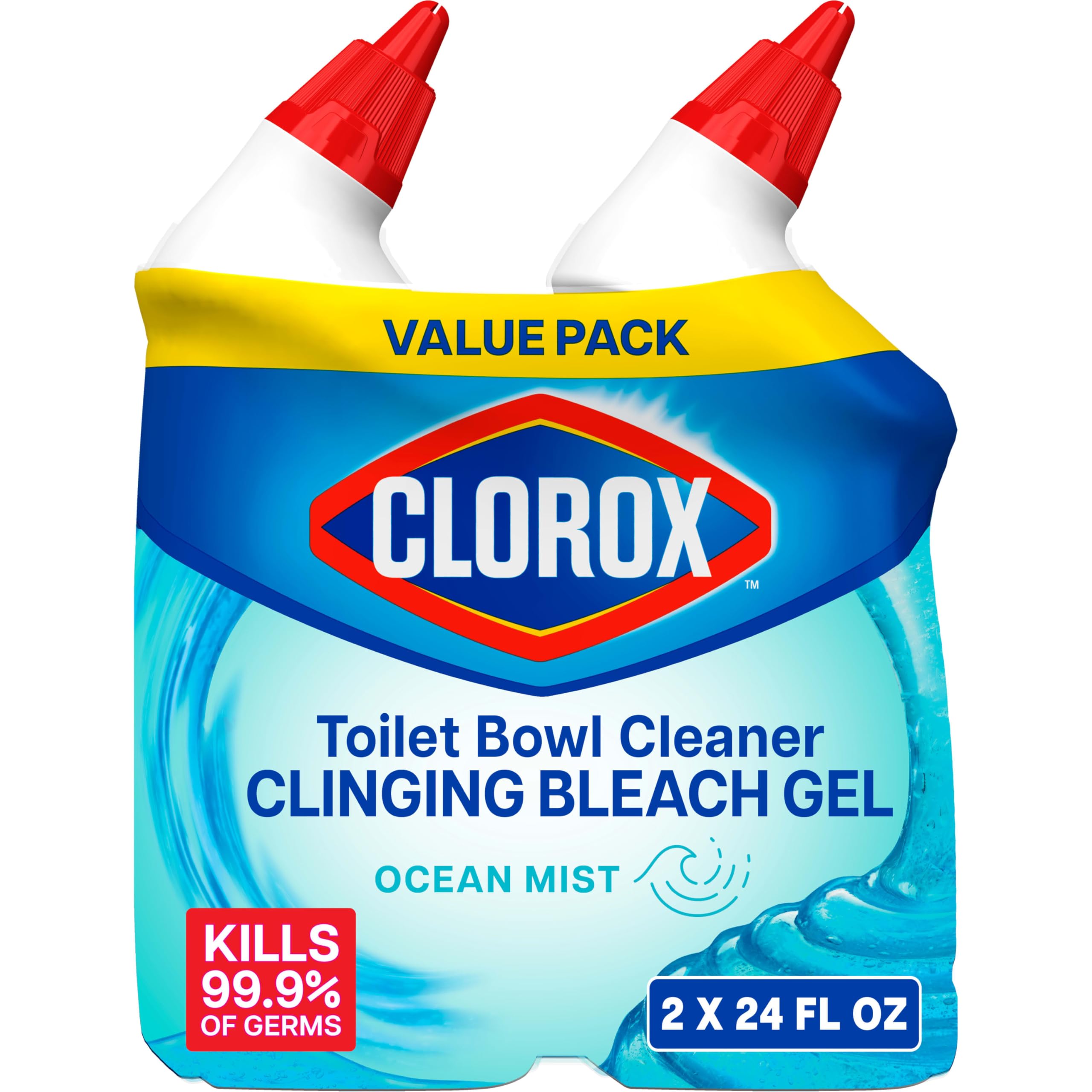 Clorox Toilet Bowl Cleaner Clinging Bleach Gel, Kills 99. 9% of Bacteria and Viruses, Ocean Mist, 24 Fl Oz, Pack of 2