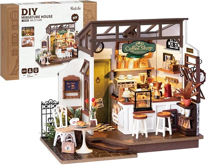 Rolife Flavory Café DG162 Vintage Café Miniature DIY Kit No.17 — 3D Wooden Puzzle Mini Coffee Shop, 183 Pieces with Warm LED, Desktop Decor Gift for Coffee Lovers & Miniature Hobbyists