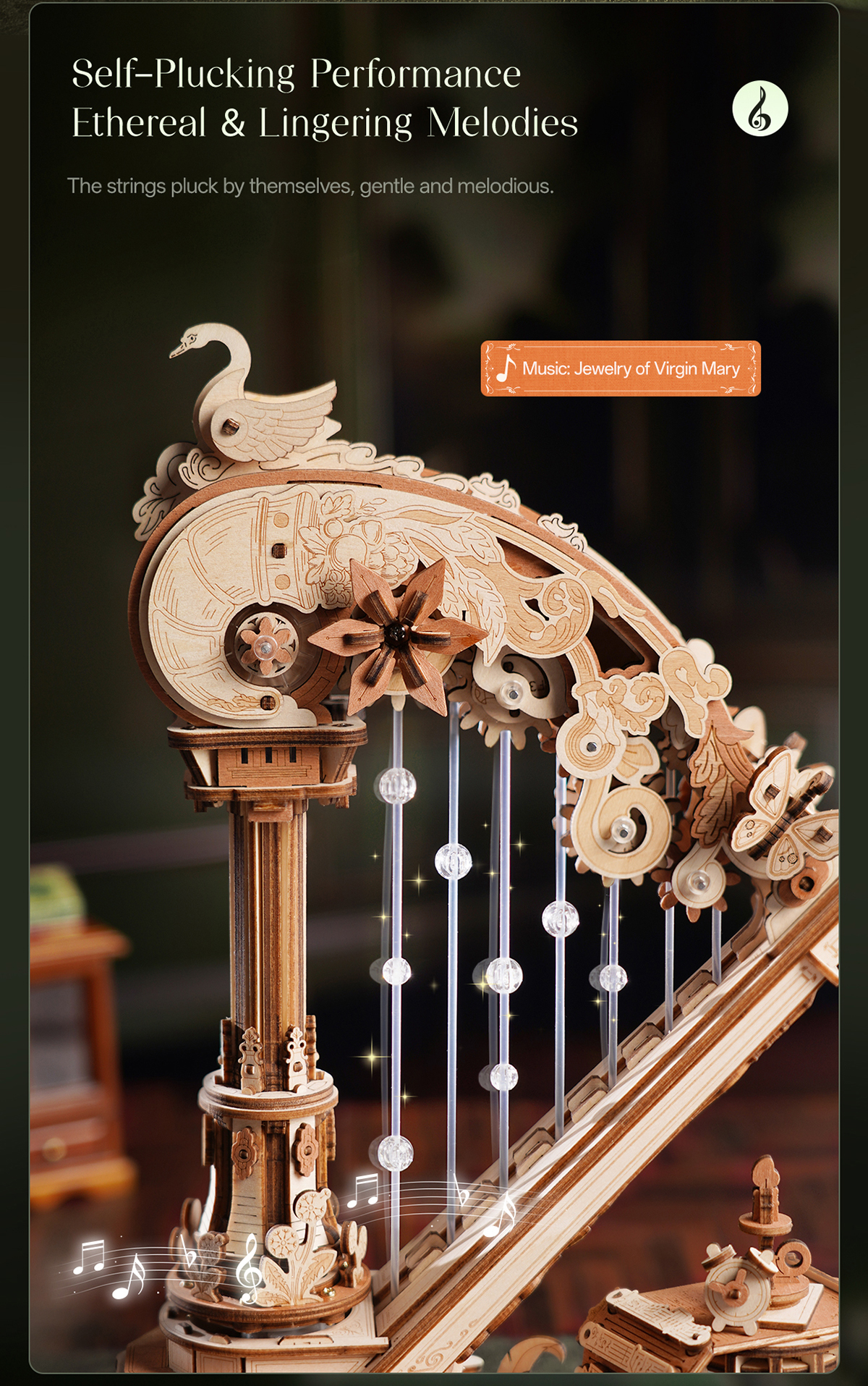 Rolife Magic Harp DIY Handmade Music Box, Dreamy Light-Up Music Box, Creative Artistic Desktop Decoration, Birthday and Holiday Gift for Girls, Boys, and Best Friends detail image 3