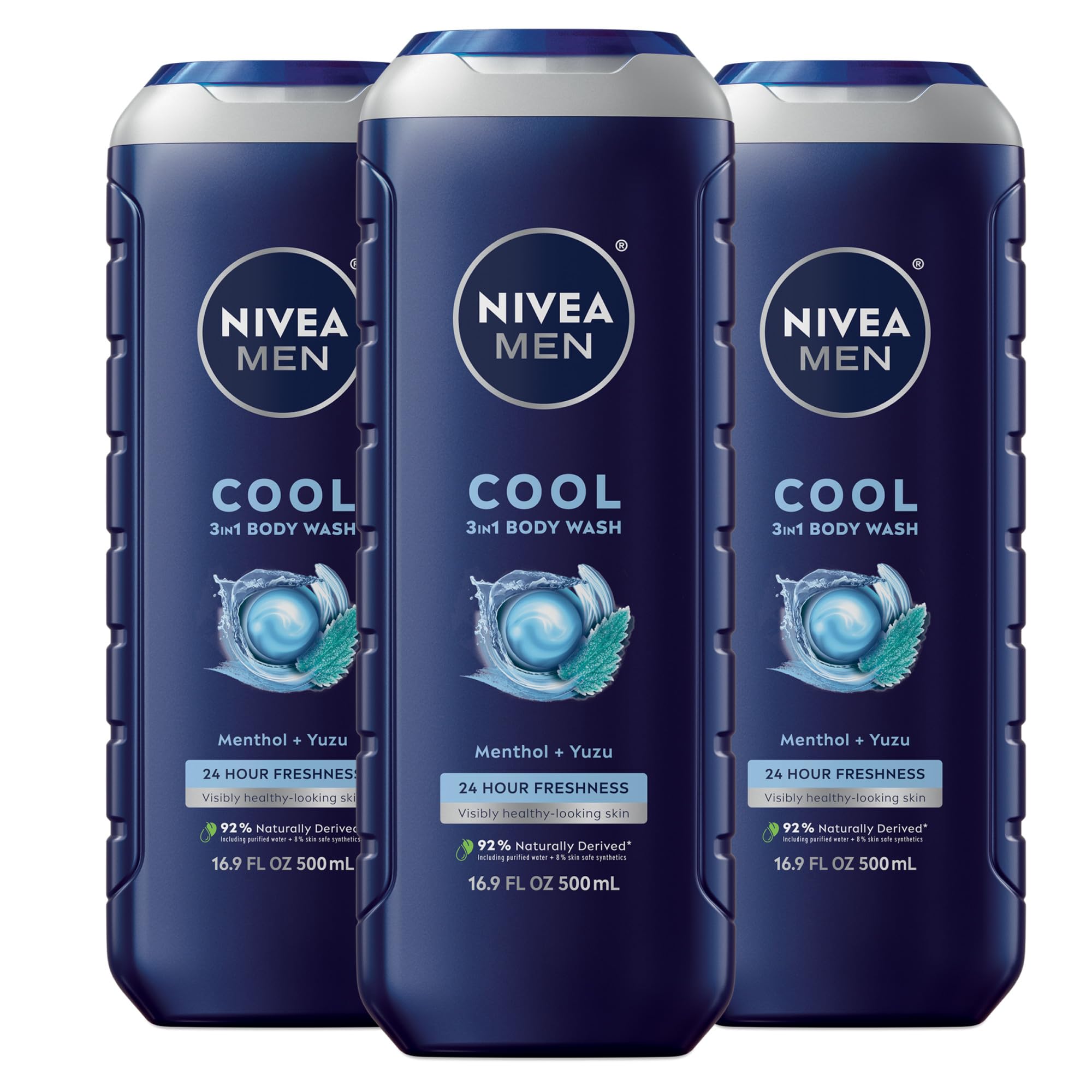 NIVEA MEN Cool 3-in-1 Body Wash, Icy Menthol & Yuzu Scent — 16. 9 fl oz (Pack of 3)