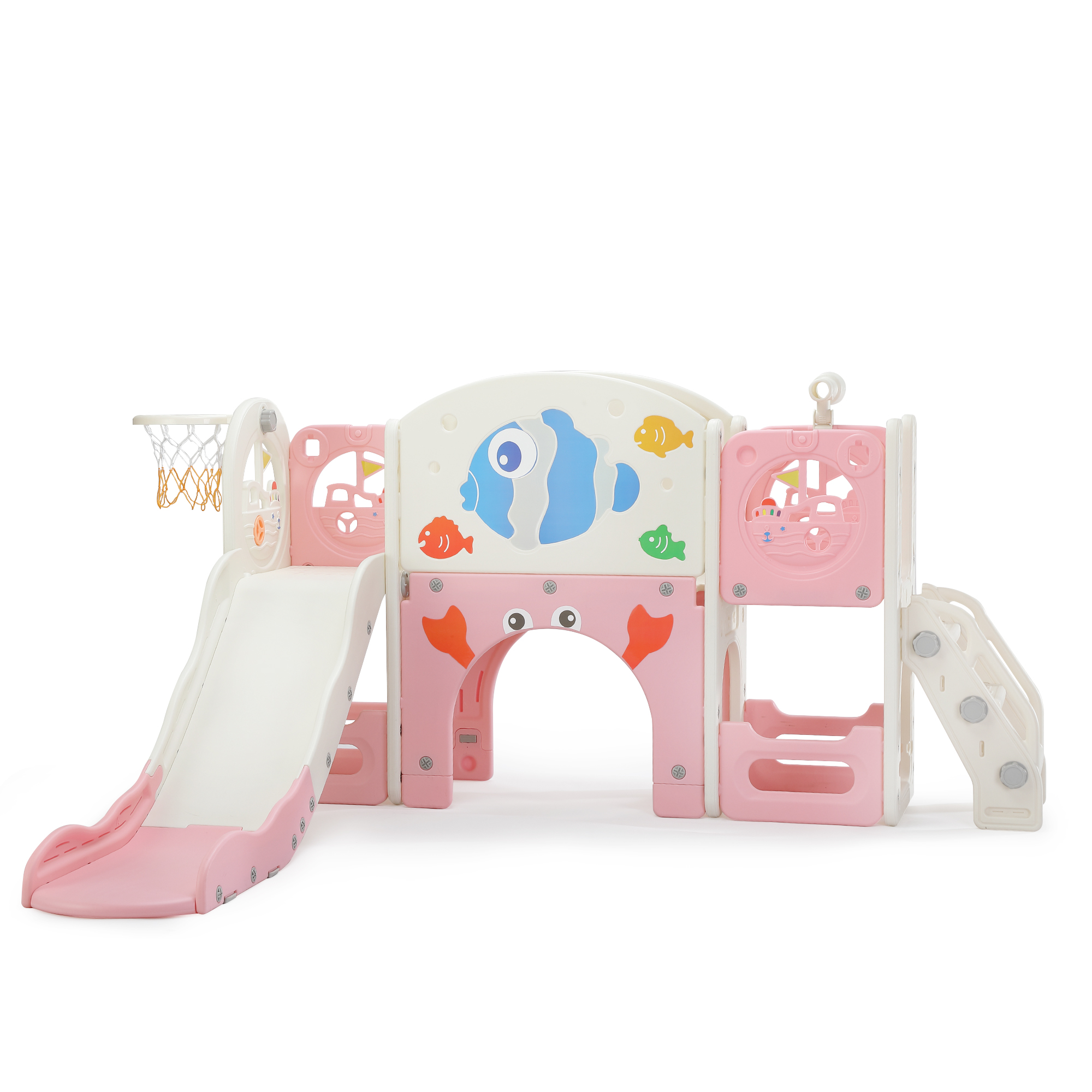 Kids' Fish-Themed Multifunctional Play Slide — Pink & White | Slide + Basketball Hoop + Climbing Passage + Toy Telescope | Indoor & Outdoor Playset