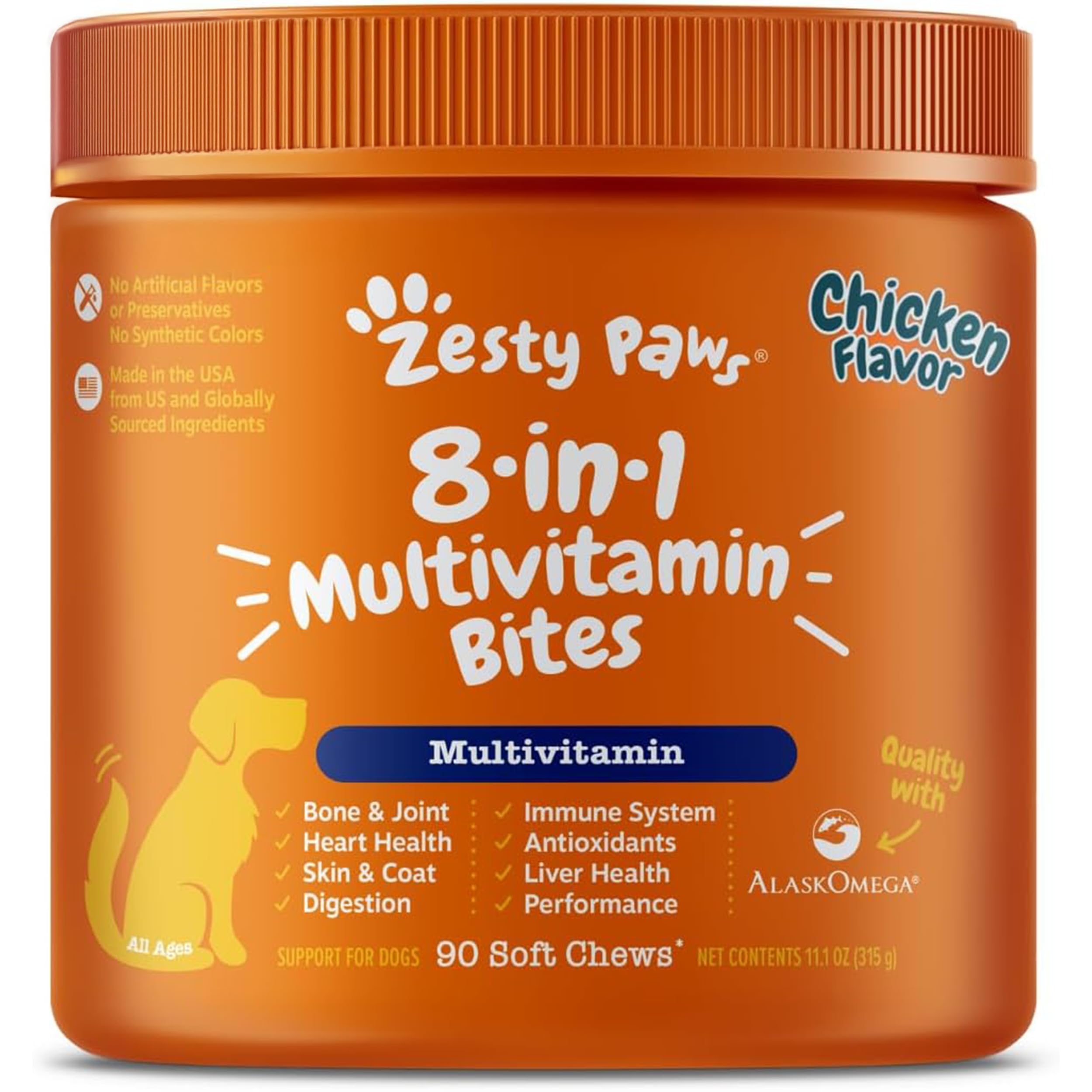 Zesty Paws 8-in-1 Multivitamin Chews for Dogs — Hip & Joint, Skin & Coat, Heart & Immune Support, Chicken Flavor, 90 Count