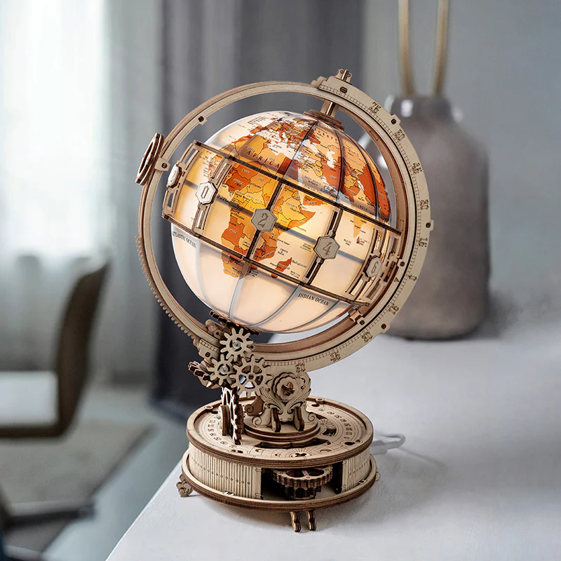 ROKR Illuminated Globe DIY Wooden Assembly Model, 360° Rotating Light-Up Vintage Luxury Desktop Decorative Display, Creative Gift detail image 1