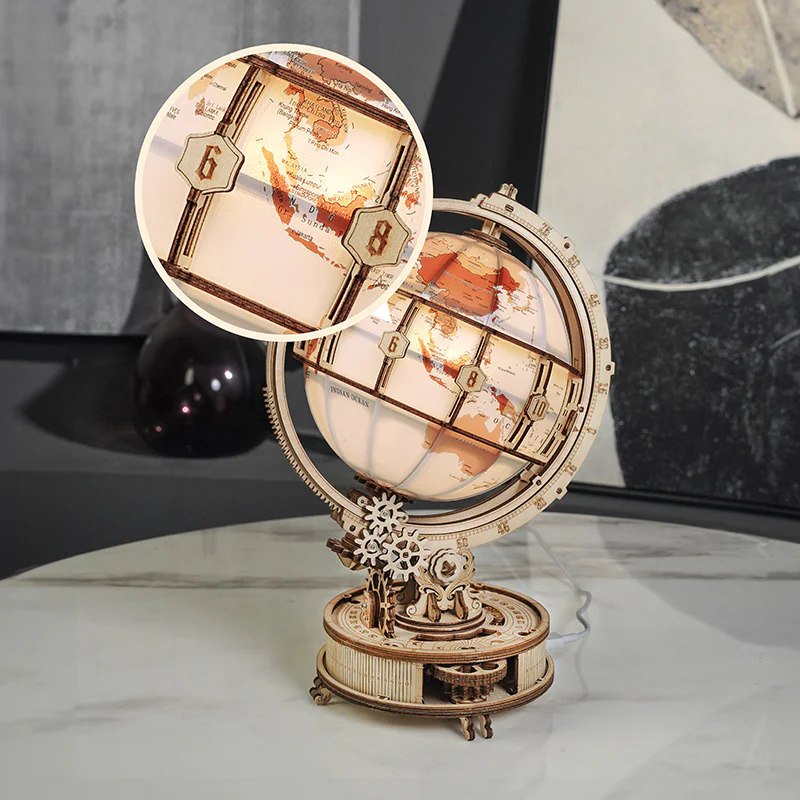 ROKR Illuminated Globe DIY Wooden Assembly Model, 360° Rotating Light-Up Vintage Luxury Desktop Decorative Display, Creative Gift detail image 2