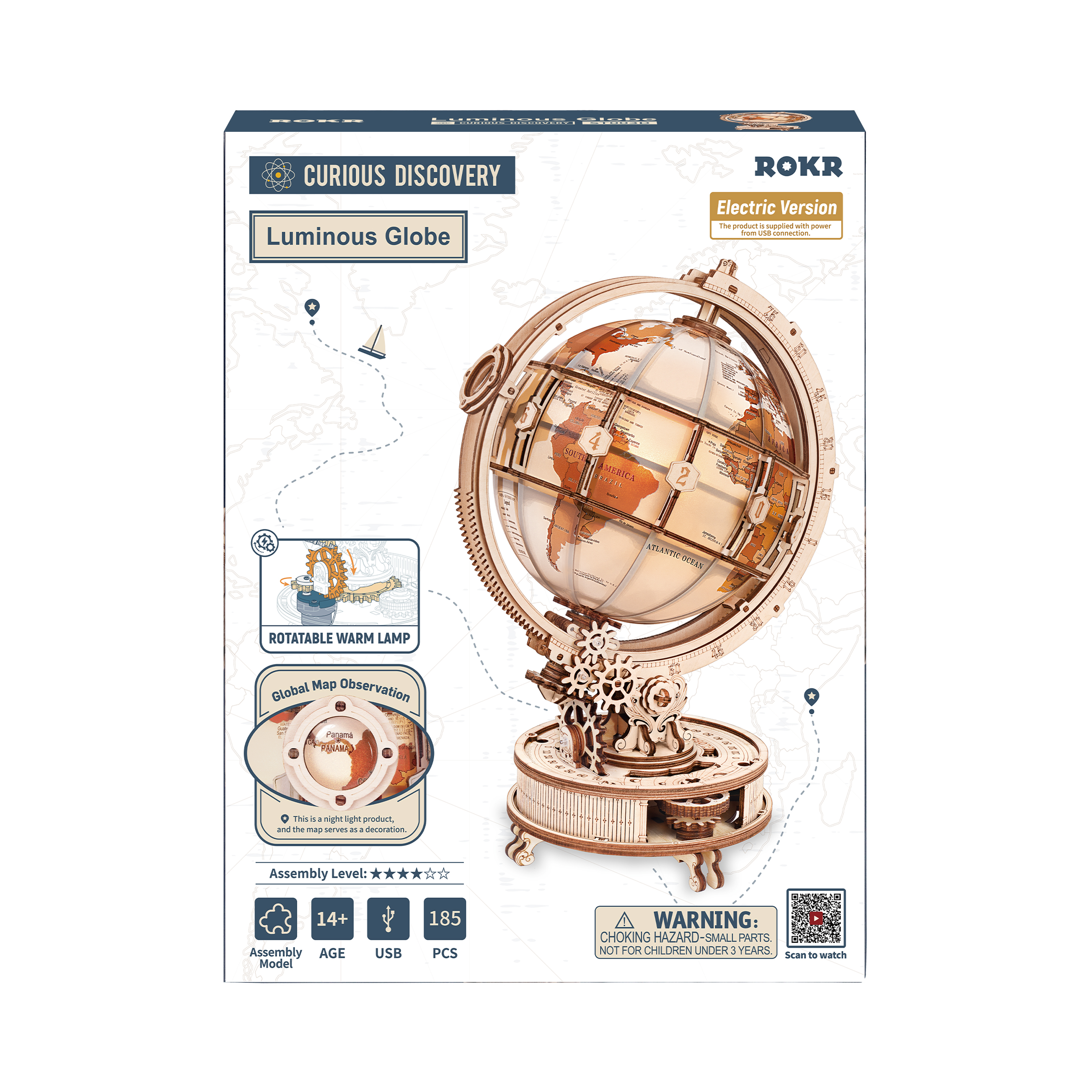 ROKR Illuminated Globe DIY Wooden Assembly Model, 360° Rotating Light-Up Vintage Luxury Desktop Decorative Display, Creative Gift detail image 3
