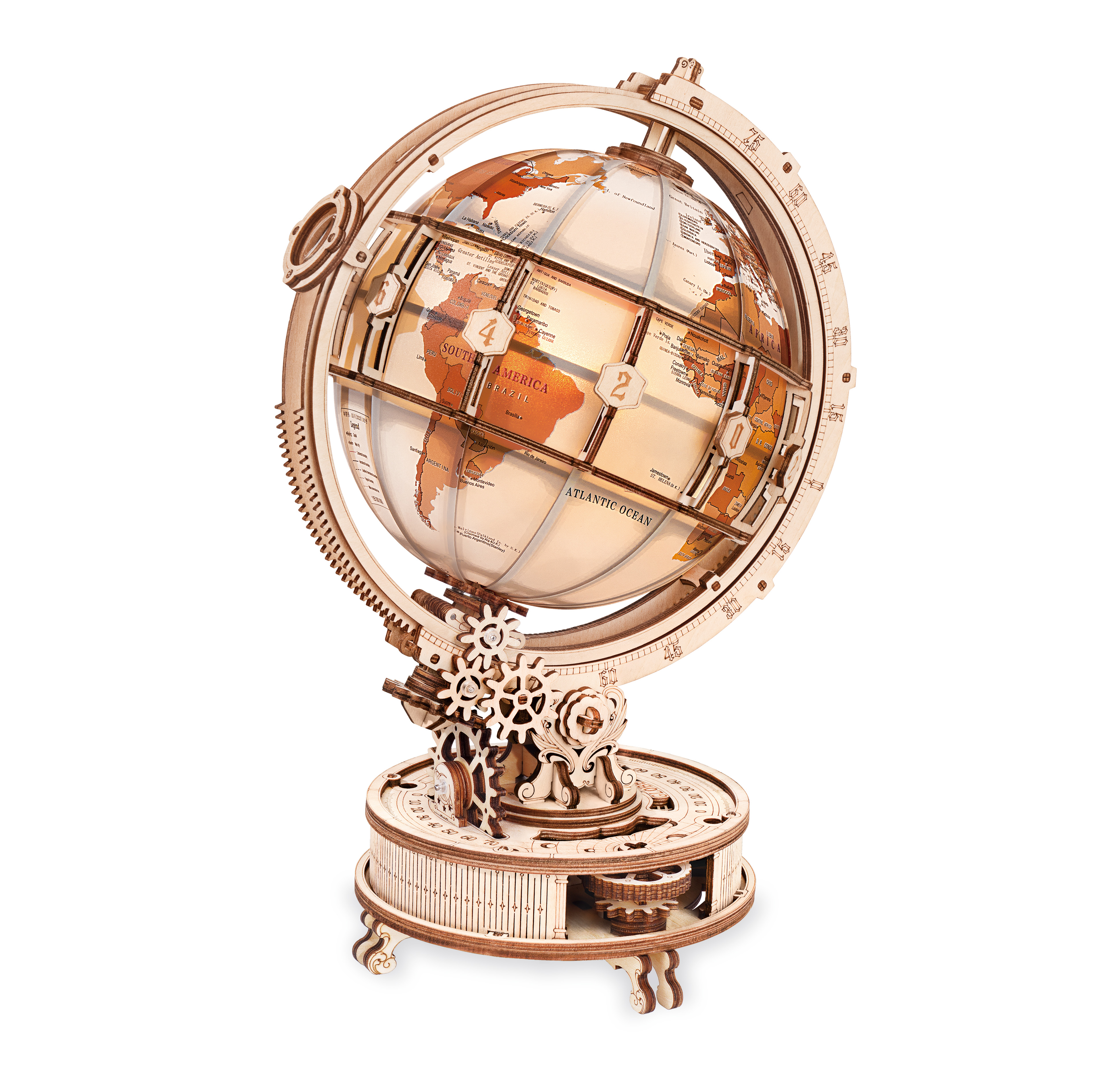 ROKR Illuminated Globe DIY Wooden Assembly Model, 360° Rotating Light-Up Vintage Luxury Desktop Decorative Display, Creative Gift