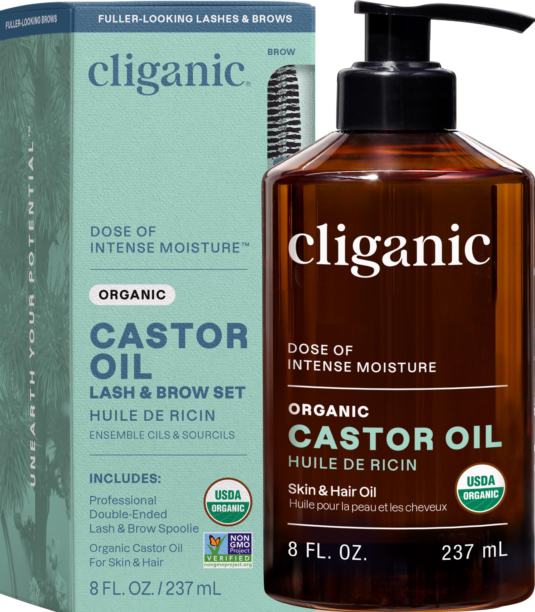 Cliganic Castor Oil Organic Cold Pressed for Eyelashes, Eyebrows & Skin 8oz