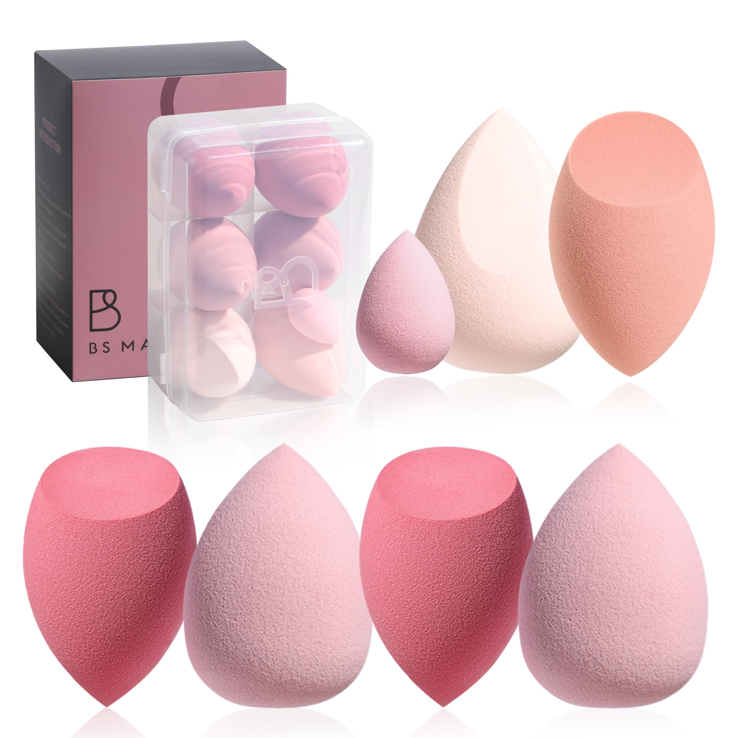 Makeup Sponge Set BS-MALL with Storage Case, 7 Pcs for Liquid, Cream, and Powder — Includes Mini Travel Sponge (A-Pink)