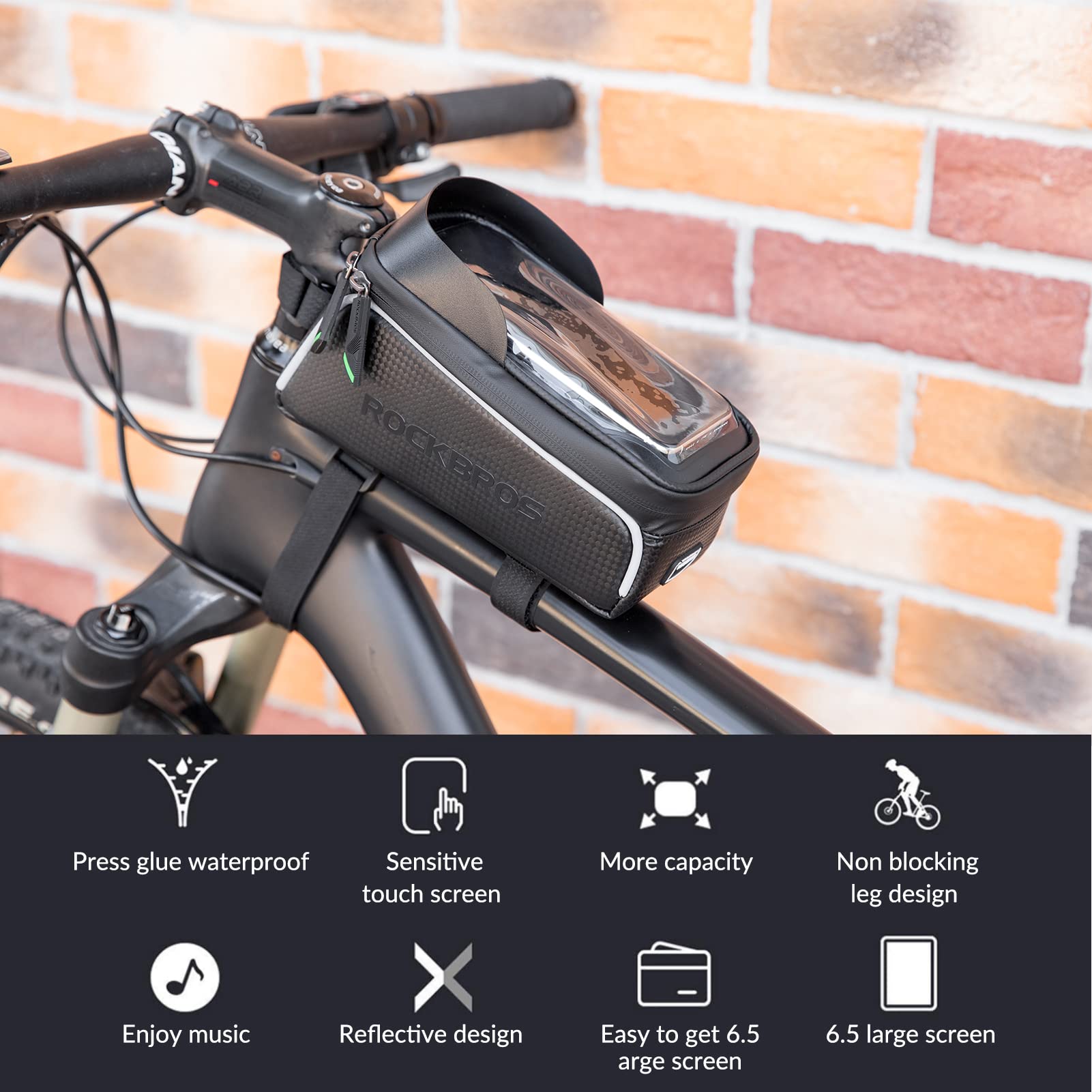 ROCKBROS Bike Phone Bag, Waterproof 7 Inch Touchscreen Bicycle Frame Bag, Large Capacity Top Tube Bag with Sun Visor, Cycling Phone Holder for Road Mountain Bike Commuting detail image 4