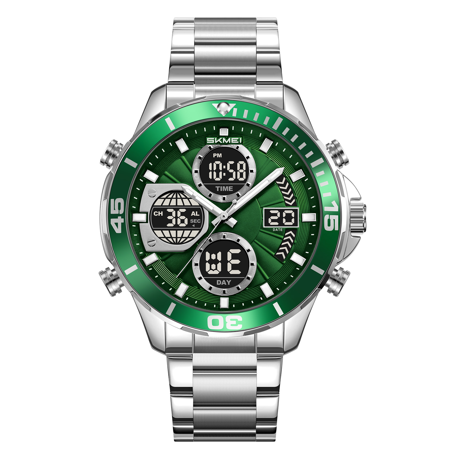 SKMEI 2621 Series Men's Multifunction Sports Watch - Analog-Digital Dual Display, Stainless Steel Band, 30M Water Resistant, Large Dial, Quartz