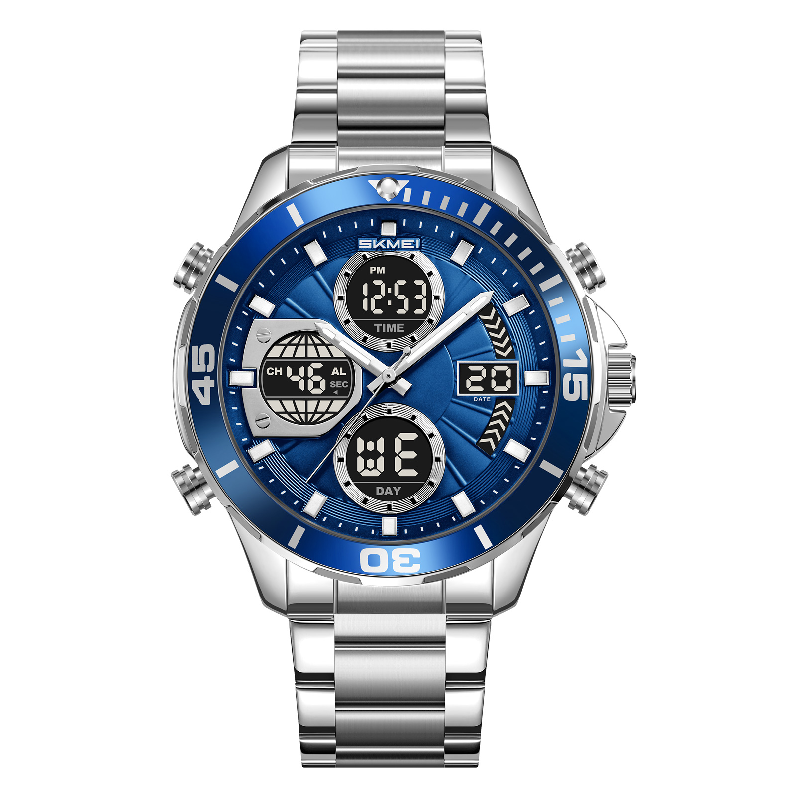SKMEI 2621 Series Men's Multifunction Sports Watch - Analog-Digital Dual Display, Stainless Steel Band, 30M Water Resistant, Large Dial, Quartz