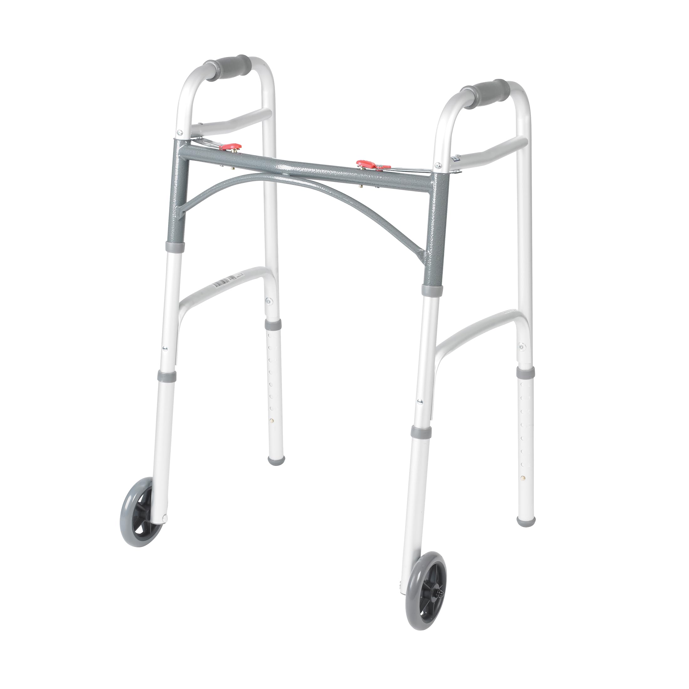 Drive Medical Two-Button Folding Walker with 5" Front Wheels — Lightweight Adjustable Aluminum Rolling Walker, Dual Push-Button Fold, Silver