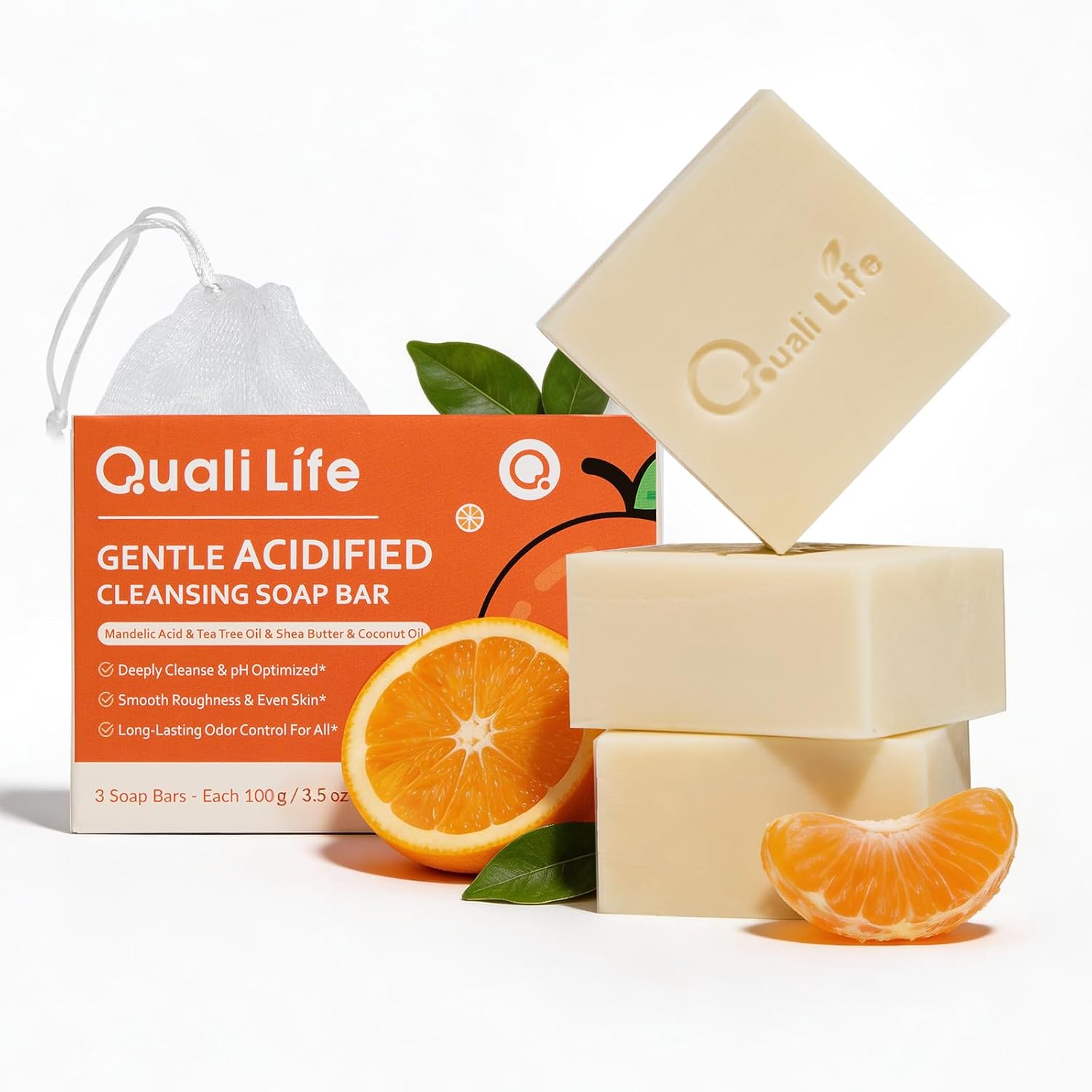 Qualilife Acidified Cleansing Bar - Purifying Deodorizing Soap for Eliminating Odor – Acidified Bar Soap for Women & Men, Pack of 3