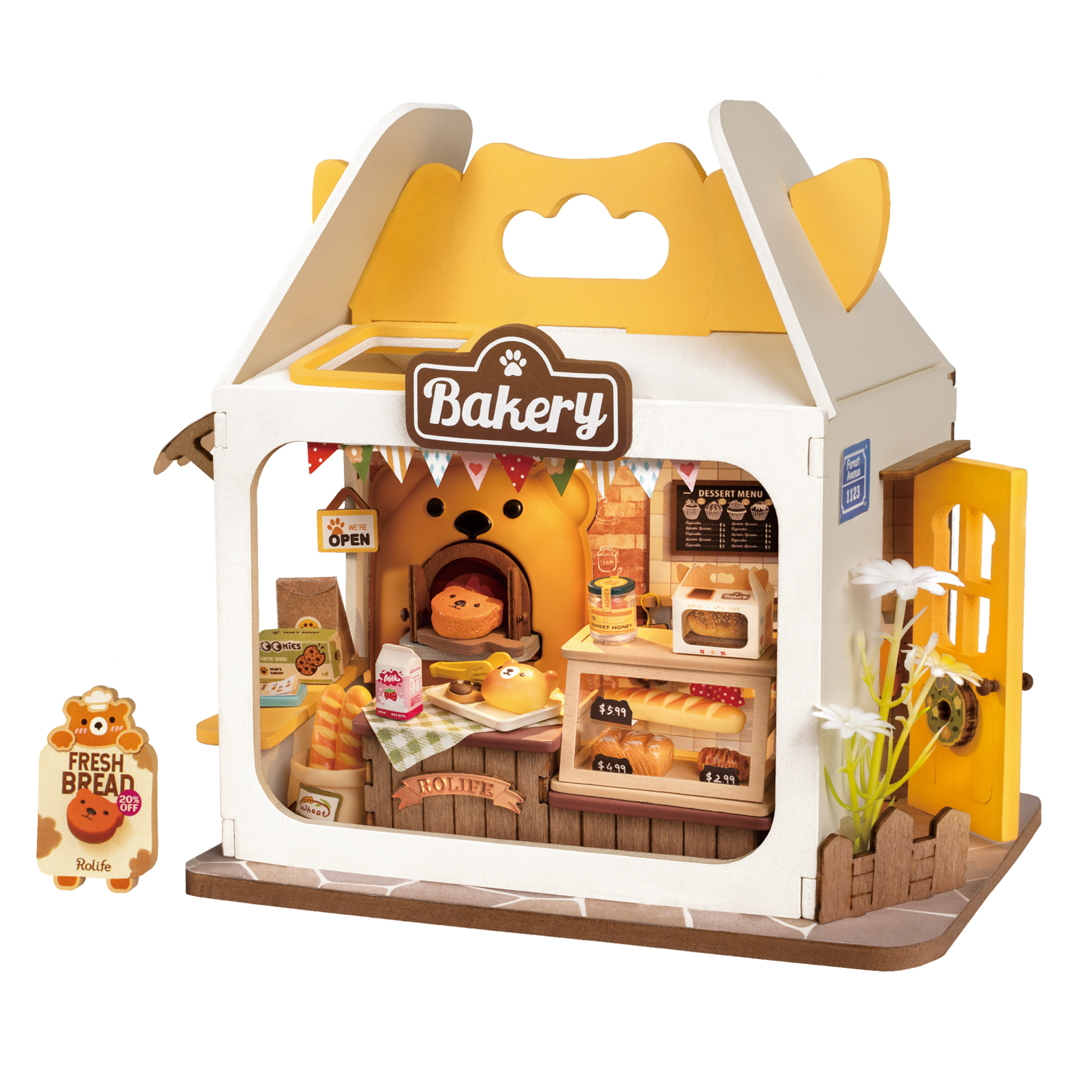 Rolife Teddy’s Bread Box DIY Wooden Miniature House with Lights, Assembly Model, Creative Gift