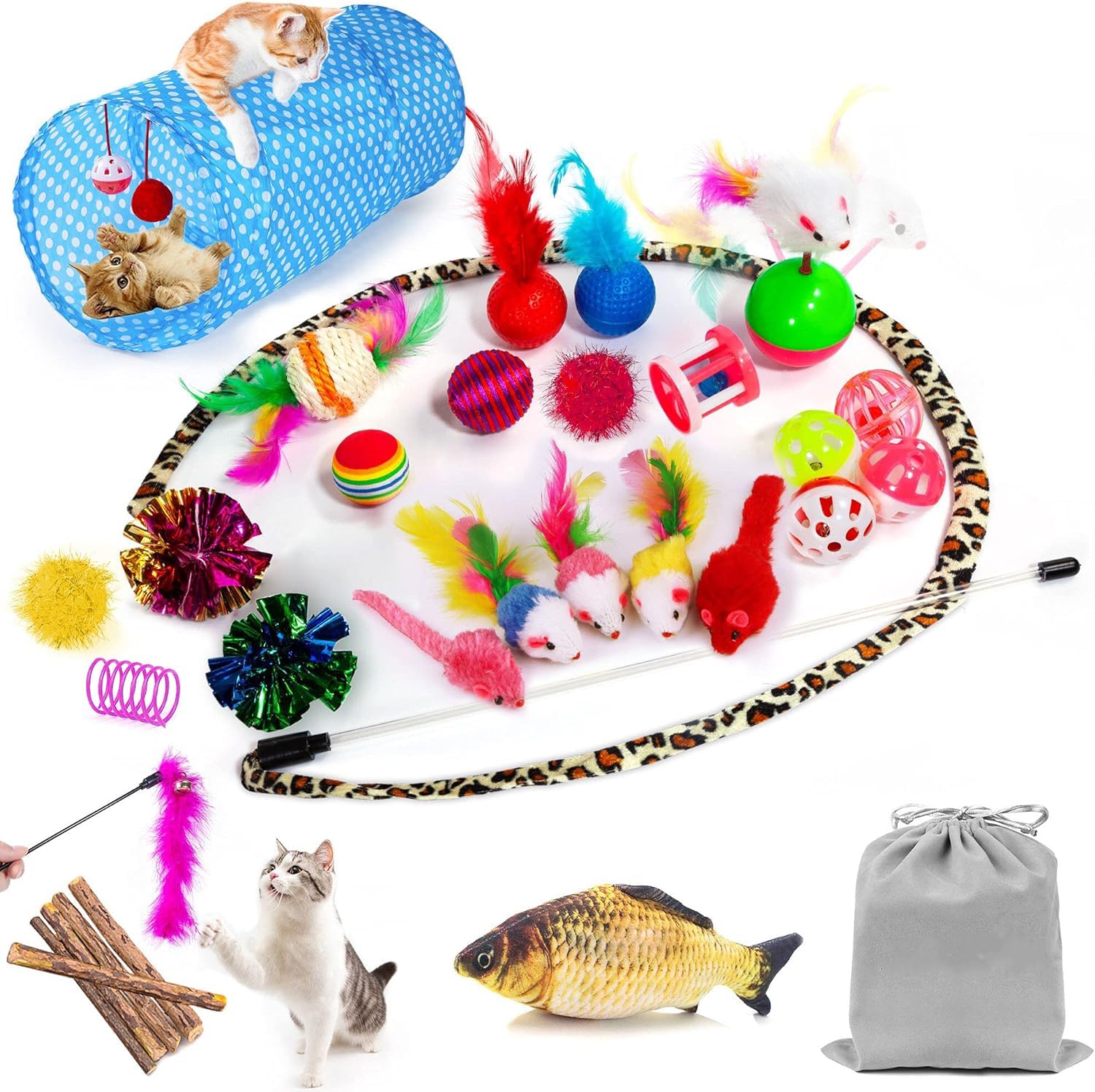 AILUKI 35-Piece Cat Toy Variety Pack for Indoor Cats — Collapsible Tunnel, Feather Wand, Plush Mice, Crinkle Balls & Storage Bag