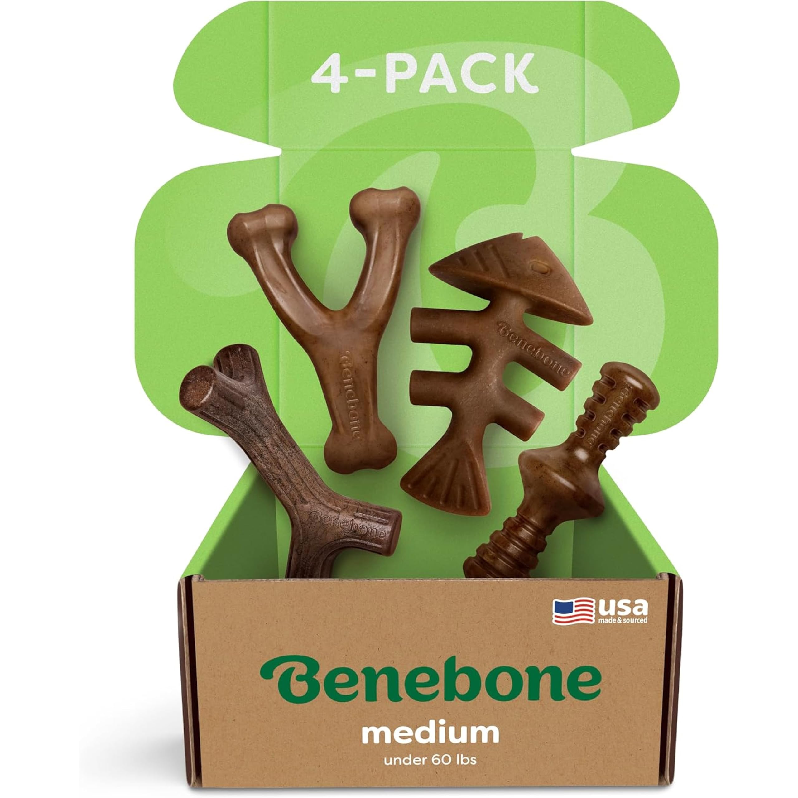 Benebone Medium 4-Pack Dog Toys for Aggressive Chewers – Durable Nylon Chew Bones, Made in USA, for Dogs Under 60 lbs