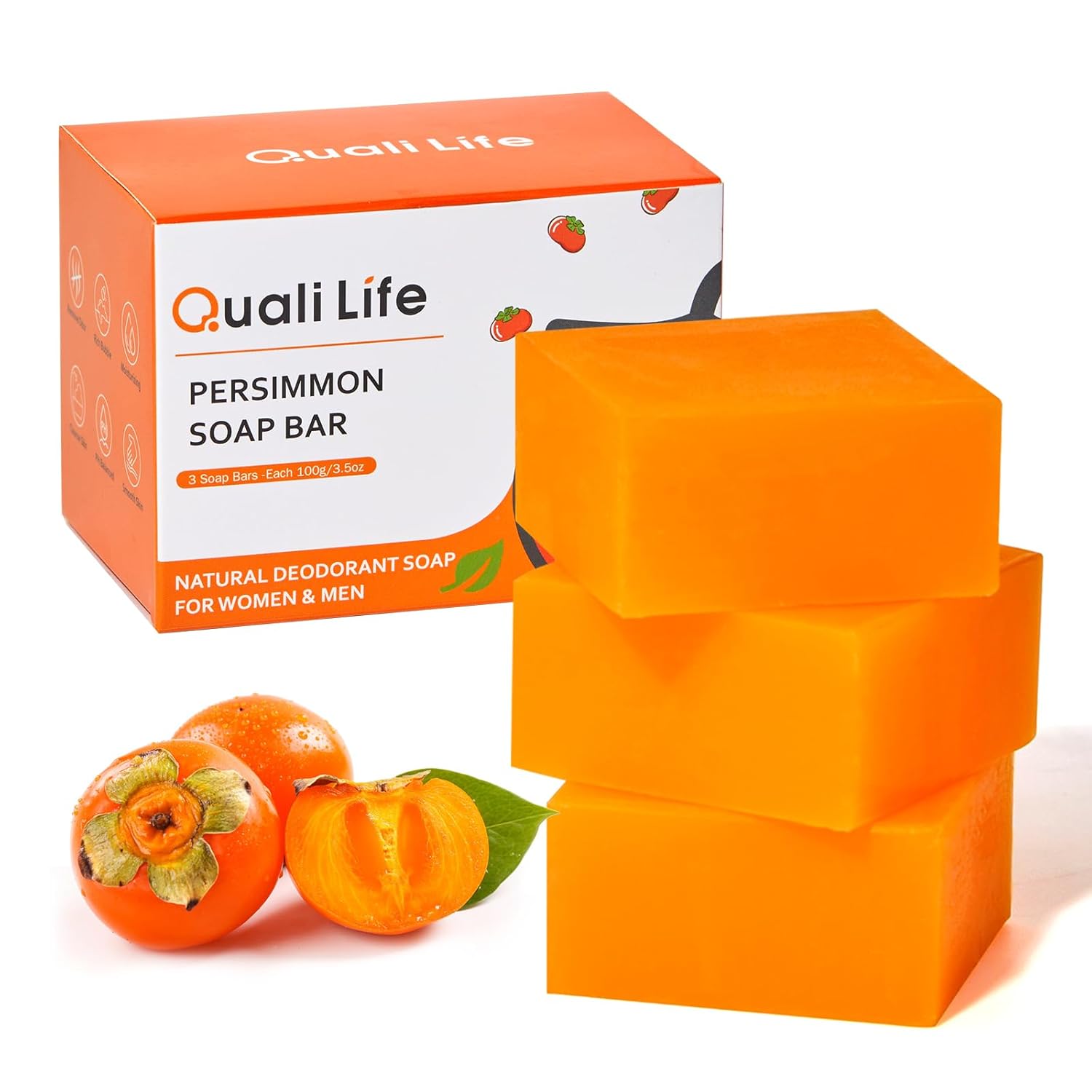 Qualilife Persimmon Soap Bar for Body Odor Control - Deodorizing & Eliminating Body Odor for Old People Smell, Pack of 3
