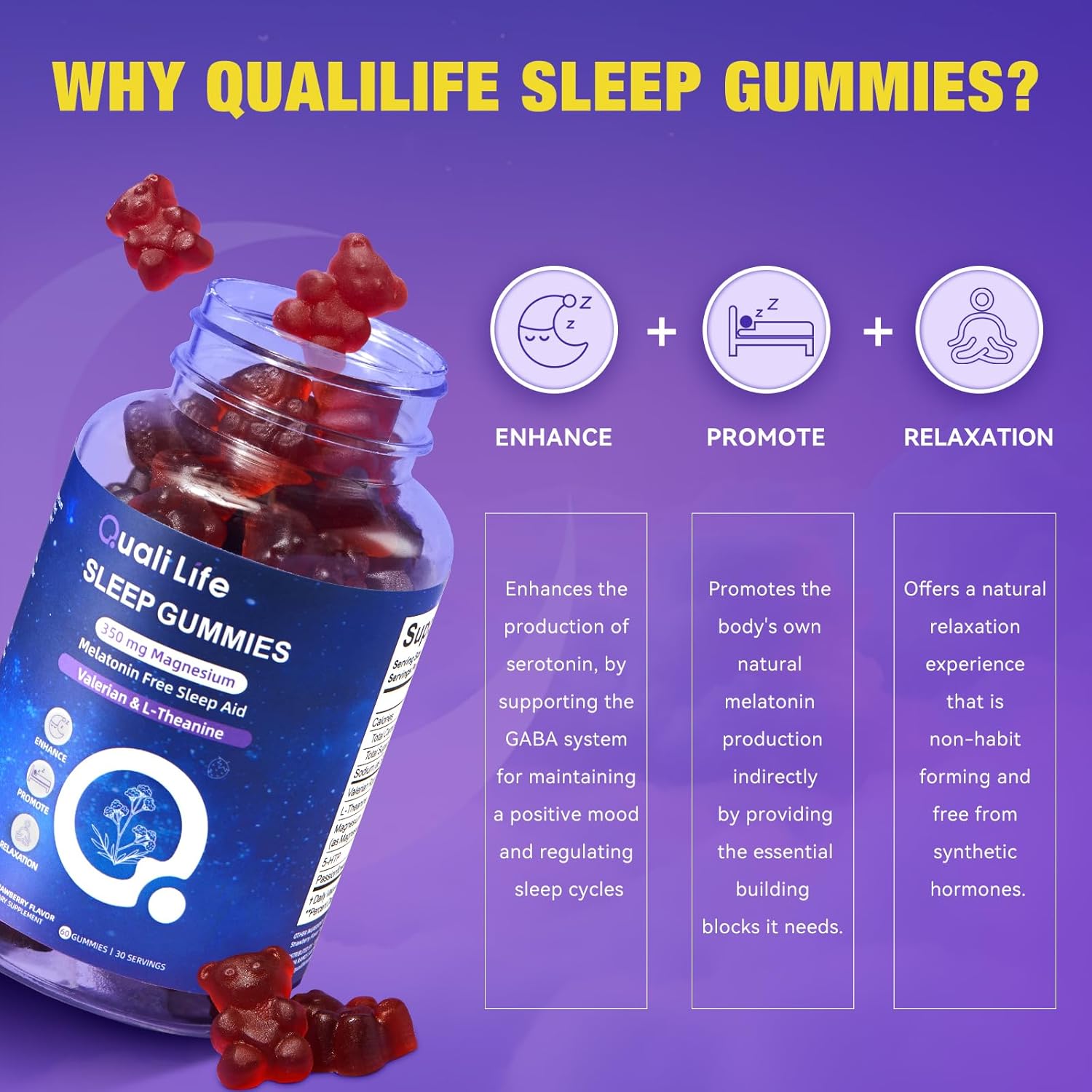 Qualilife Melatonin Free Sleep Gummies for Adults with Magnesium, Valerian Root, 5-HTP & Herbal Blend, 60 Count detail image 1