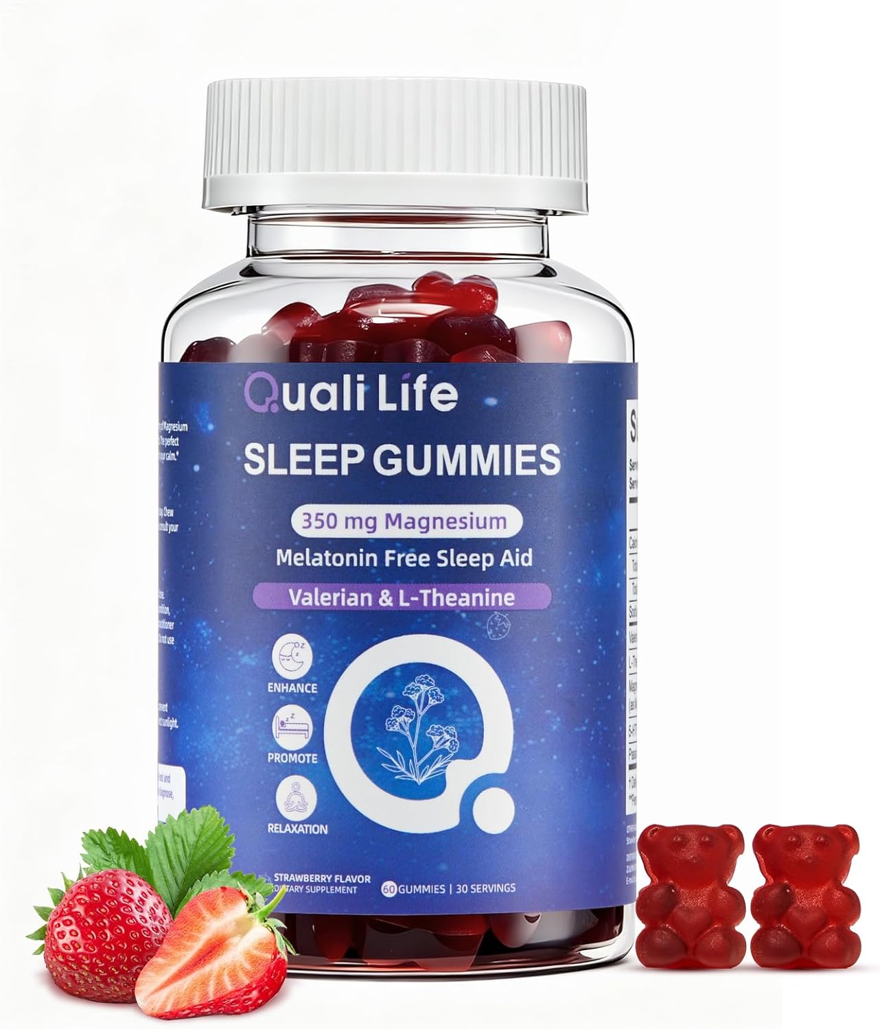 Qualilife Melatonin Free Sleep Gummies for Adults with Magnesium, Valerian Root, 5-HTP & Herbal Blend, 60 Count