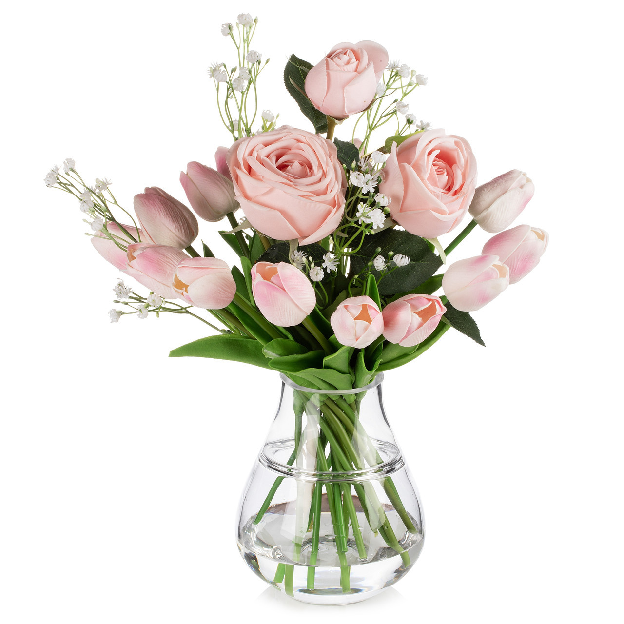 nova Floral Mixed Rose & Tulip Glass Vase Arrangement|Real Touch Tulips|Acrylic Faux Water Design|Approx. 12-inch Tabletop Flower Decoration