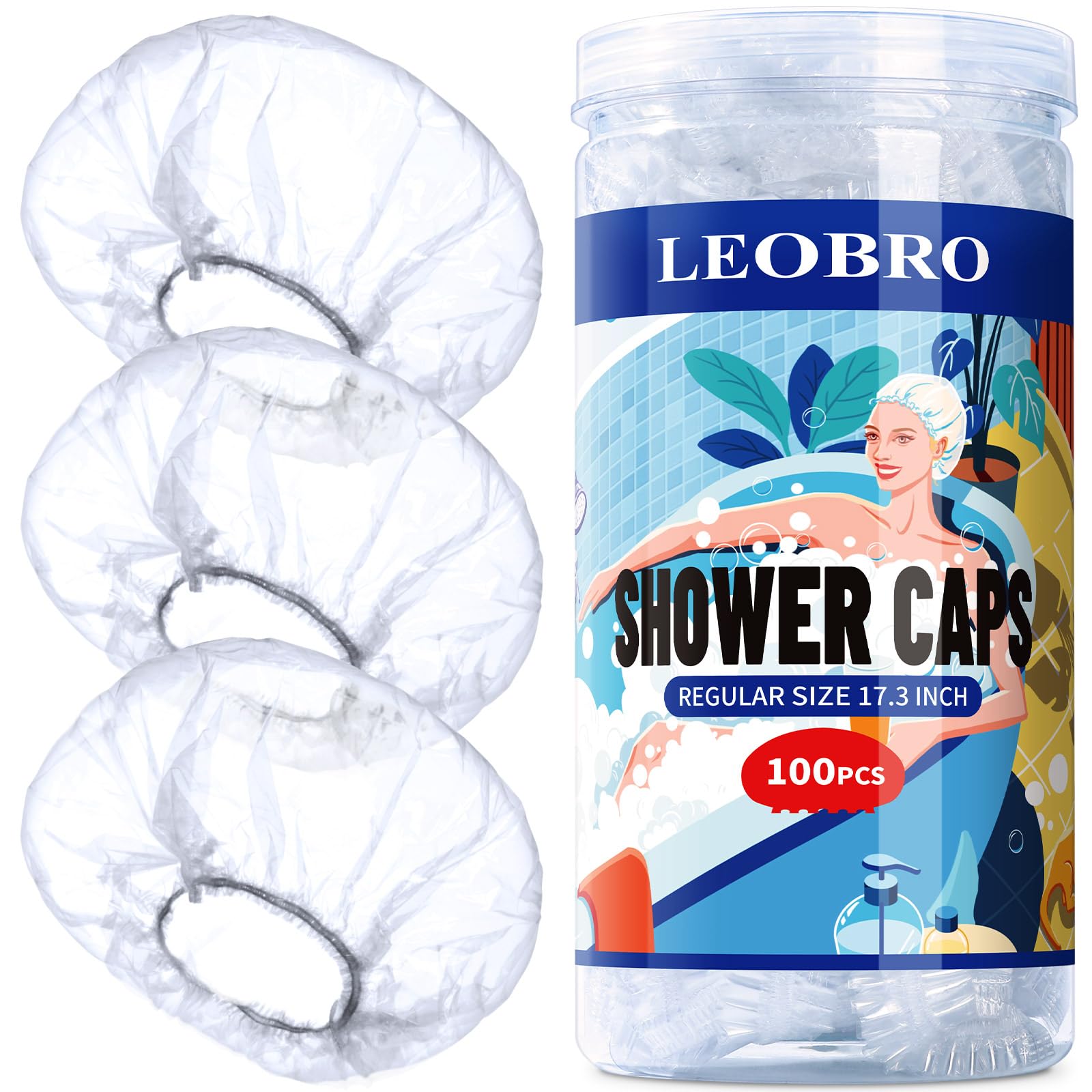 LEOBRO 100PCS Disposable Shower Caps, Shower Caps for Women Disposable, Clear Plastic Shower Cap, Plastic Hair Caps for Hair Treatment, Regular Size 17. 3 INCH