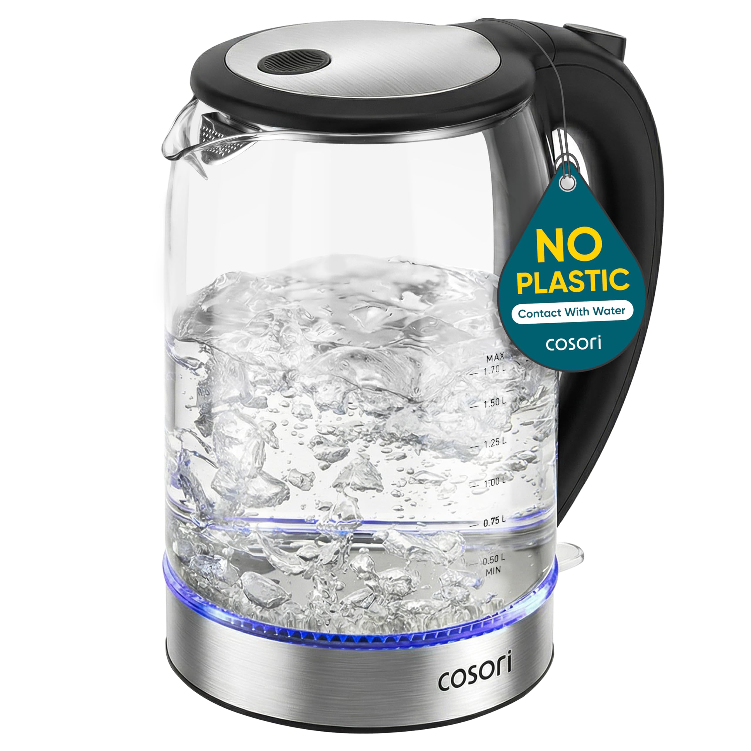 Cosori 1. 7L Borosilicate Glass Electric Kettle — No Plastic Contact With Water, 1500W, Auto Shut-Off