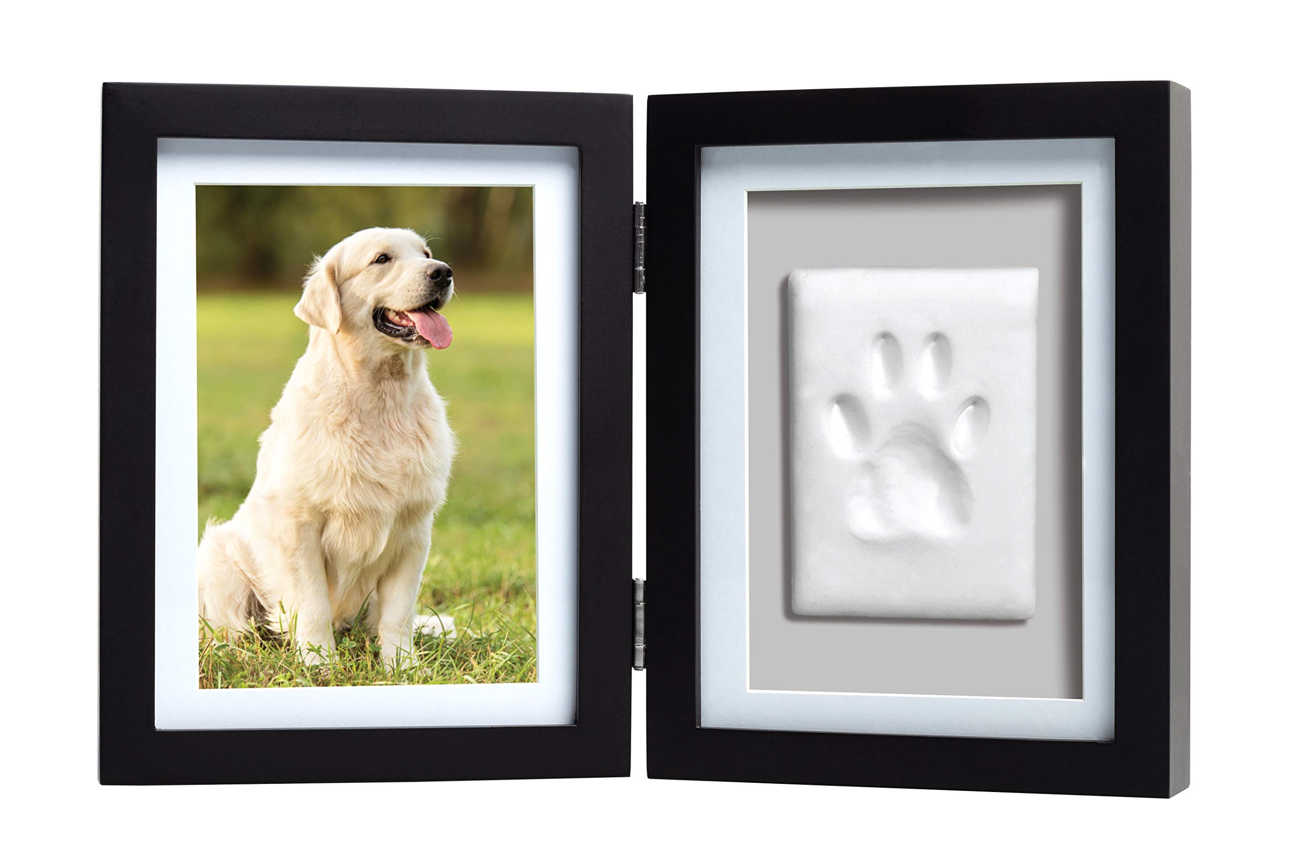 Pearhead Pet Paw Print Photo Frame with Clay Imprint Kit - Black Hinged Wooden Shadowbox, 4" x 6" Photo