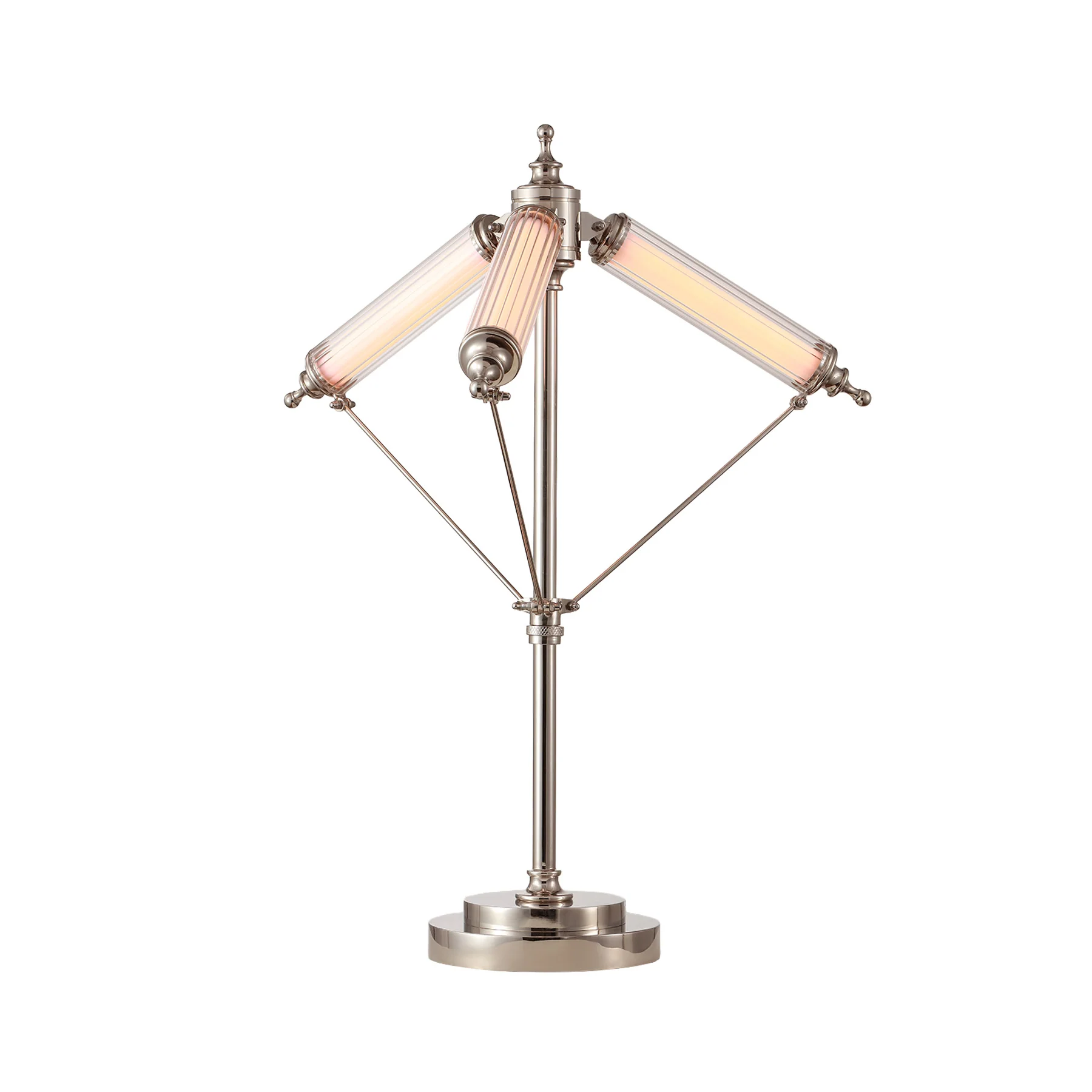 Moorizon Aurora Radial 28.5" High Three-Tube Electroplated Glass LED Table Lamp, 2400K Ultra Warm Dimmable Polished Nickel Metal Desktop Accent Light — For Users Who Value Home Ambience and Design