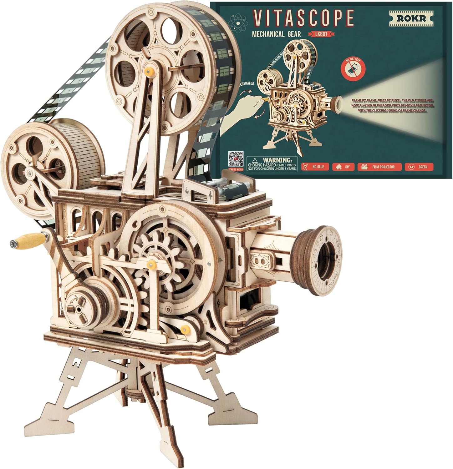 ROKR Vitascope LK601 Wooden Vintage Movie Projector 3D Puzzle - 183 Pieces, Hand-Crank DIY Wood Projection Model (Plays Black & White Film) - Retro Mechanical Desktop Decor, Gift for Film & Mechanical Model Enthusiasts