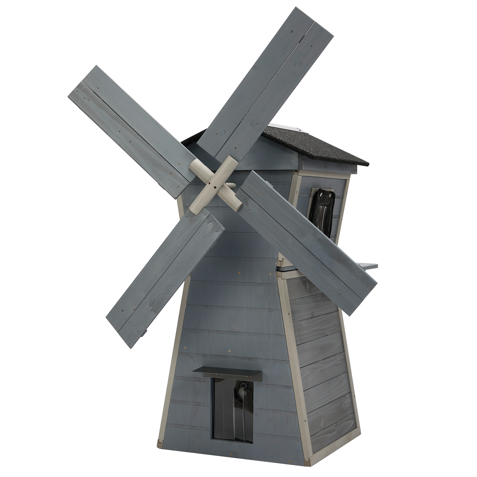 Gray-White Windmill Style Cat House | Multi-Level Wooden Cat Tower