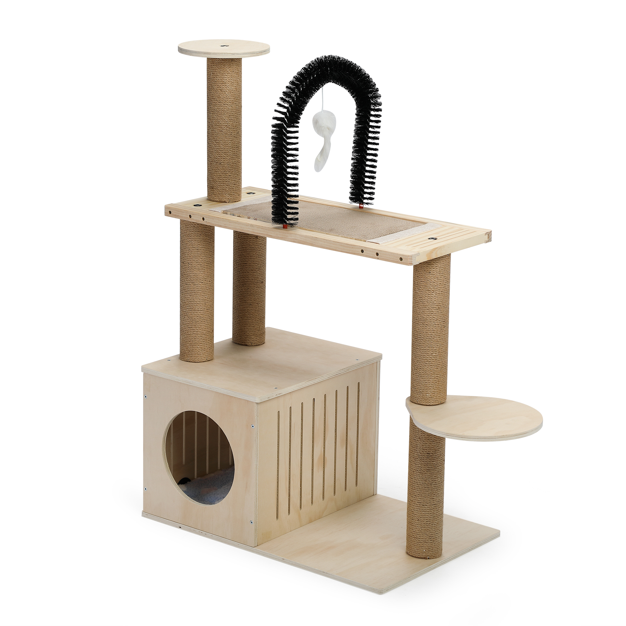 Natural Wood Multi-Function Cat Tree — Cat Condo, Climbing Platforms & Interactive Arch Brush