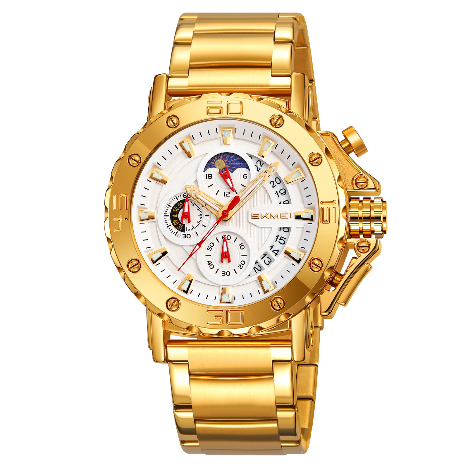 SKMEI 9344 Series Men’s Business Sport Quartz Watch – Gold Stainless Steel Band, Large Dial, Chronograph, 30M Water Resistant, Date Display — Gift Item
