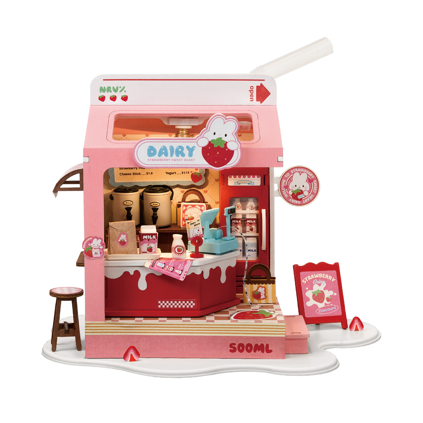 Rolife Strawberry Milk Box Miniature House DIY Handmade Assembly Micro Scene with Lights, Cute Decorative Display, Gift for Girls